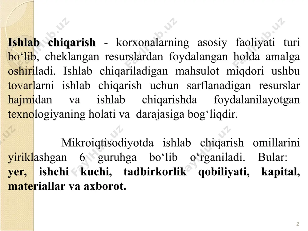 an mahsulot miqdori o‘rtasidagi bog‘liqlikni ishlab chiqarish funksiyasi orqali ifodalash mumkin. agar omillar majmuasi sarfi kapital, mehnat va materiallardan iborat bo‘lsa, ishlab chiqarish funksiyasi quyidagi ko‘rinishda ifodalanadi: * bu yerda q- berilgan texnologiyada maksimal ishlab chiqariladigan mahsulot miqdori; k - kapital; l - mehnat; m - materiallar. * * * kobb-duglas funksiyasi asosida ishlab chiqarish hajmini aniqlash. agar ishlab chiqarish funksiyasi ikkita, k (kapital) va l (mehnat) omillariga bog‘liq bo‘lsa, ishlab chiqarish funksiyasi quyidagicha yoziladi: * kapital sarfi mehnat sarfi, (soatlarda) 1 2 3 4 5 1 30 50 60 70 80 2 40 65 80 85 100 3 60 80 100 110 115 4 65 85 110 115 120 5 80 100 120 125 130 * ishlab chiqarish omillari sarfi o‘zgarishiga ko‘ra ishlab chiqarish grafigi kapital sarfi 5 4 3 2 1 3 2 5 4 1 m c n d a t e f b mehnat sarfi q3=100 …