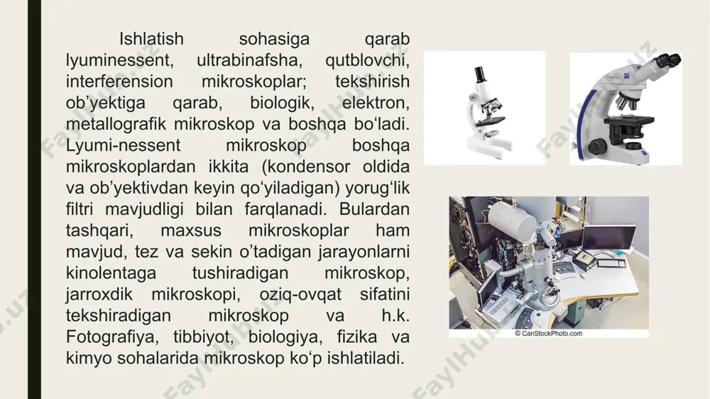o'xshash narsalar 4000 yil oldin paydo bo'lgan va suv bilan to'ldirilgan sharlarning optik xususiyatlari haqida yunoncha ma'lumotlar mavjud bo’lgan (miloddan avvalgi v asr) hamda optikaga oid ko'p asrlik yozuvlar mavjud bo'lsa-da, oddiy mikroskoplarning (kattalashtiruvchi ko'zoynak) ma'lum bo'lgan eng qadimgi qo'llanilishi 13-asrda ko'zoynaklarda linzalarning keng qo'llanilishiga to'g'ri keladi. haqiqiy tasvirni koʻrish uchun namuna yaqinidagi obyektiv linzani okulyar bilan birlashtirgan murakkab mikroskoplarning eng qadimgi namunalari yevropada 1620-yillarda paydo boʻlgan, lekin yillar davomida ko'plab da'volar bildirilgan va aniq ixtirochi noma'lum. ba’zilar 1590 yilda zakariya yanssen yoki zakariyaning otasi hans martens yoki ikkalasi tomonidan ixtiro qilingan ixtiro qilingan deb da'vo qiladi. ularning qo'shnisi va raqibi ko'zoynak ishlab chiqaruvchisi hans lippershey (1608 yilda birinchi teleskop patentiga murojaat qilgan) va uni 1619 yilda londonda versiyasiga ega bo'lgan chet ellik kornelis drebbel ixtiro qilganini da'vo qiladi. galileo galiley (shuningdek, ba'zan aralash mikroskop ixtirochisi sifatida ham tilga olinadi) 1610 yildan keyin u kichik ob'ektlarni ko'rish uchun teleskopini yaqinlashtirishi …