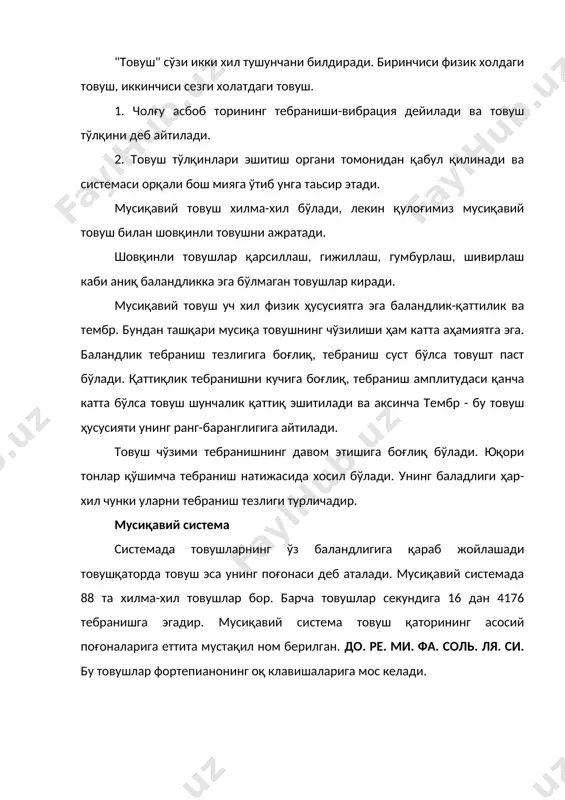 системада товушлар абсолют баландлиги аниқ созланганлиги ўзаро боғланиши мусиқавий соз дейилади. мусиқавий созга биринчи октава ля товуши бир секундига 440 марта тебраниши асос қилиб олинган. мусиқавий системада ҳар бир октава 12 тенг қисмга ярим тонларга бўлинган ва темперацияланган соз деб аталган. ярим тонлик мусиқа системада энг кичик оралик ҳисобланади. иккита ярим тон бутун тон деб аталади. товуш қаторда иккита ярим тон ва бешта бутун тон бор. улар қуйидаги тартибда жойлашган. до ре ми фа соль ля си до 1т 1т 0.5т 1 1 1 0,5т бутун тонлар ярим тонларга бўлинади. товуш қаторнинг ҳар бир асосий поғонасини кўтариб ёки пасайтириш мумкун. кўтарилган ва пасайтирилган поғоналарга мос товушлар хосила поғоналар ҳисобланади. хосила поғоналарнинг номи асосий поғоналардан келиб чиқади. асосий поғона ярим тонга кўтарилса- диез сўзи, ярим тонга- пасайса бемол сўзи қўйилади. иккита ярим тонга пасайтирилса дубль бемоль иккита ярим тонга кўтарса дубль диез деб юритилади ва алтератция деб номланади. алтерация сўзи ўзгариш …