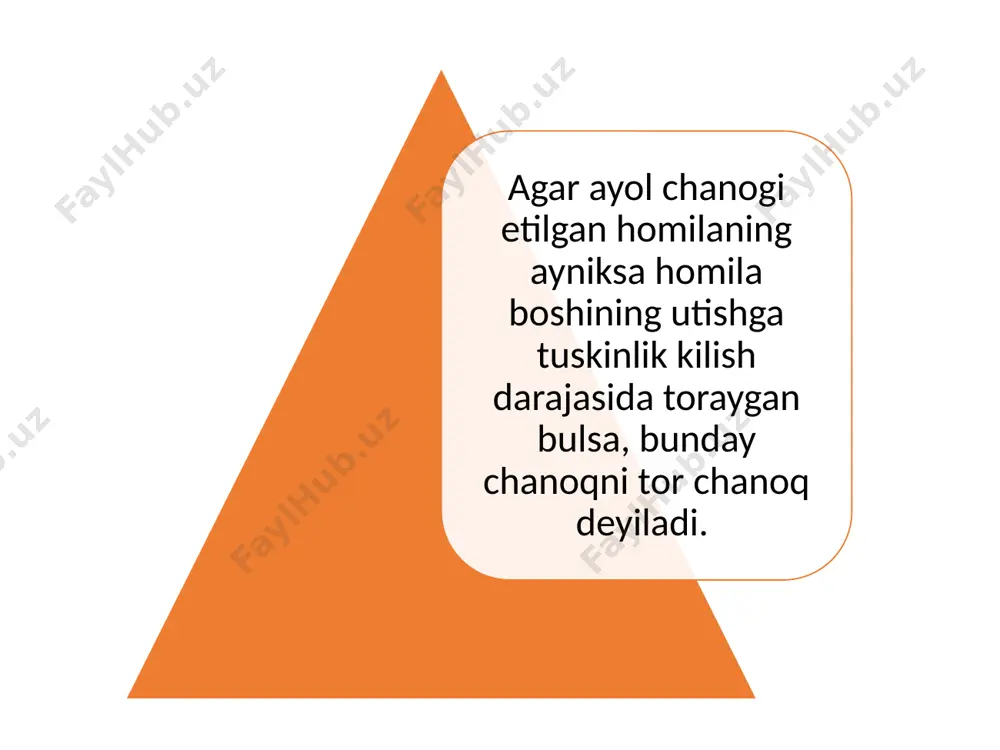 tugruk davri uzayadi va homila shikastlanishi havfi oshadi iii-iv darajadagi absolyut klinik tor chanokda tugruk fakat kesakr –kesish operaciyasi orkali olib boriladi tor chanoqda partogrammani yozish partogramma tug’ruq jarayoni va erta tug’ruqdan keyingi davrni shematik yozilishi - 10 blokdan iborat. ularda quyidagi ma'lumotlar kuzatiladi: 1 blokda – bemor familiyasi, ismi sharifi, diagnoz, kelgan sanasi va vaqti 2 blokda - homila yurak urishi va ayol pulьsi ko'rsatkichlari 3 blokda: 1) homila pufagi ?olati a) butun – i (intact) b) yorilgan, toza suvlar – c (clear) v) yorilgan, suvlar mekoniyli – m (micony) g) yorilgan, suvlar qonli – b (blood) 2) boshcha konfiguraciyasi: a) o‘q yoysimon chok yahshi aniqlanadi – 0 b) o‘q yoysimon chok yomon aniqlanadi - + v) tepa suyaklarining bir-biriga kirishi - ++ g) tepa suyaklari bir-biriga botib kirishi - +++ 4 blokda – tug'ruq boshlangan vaqti, bachadon bo'yni holati, boshchaning kichik chanoq tekisliklariga nisbatan joylashishi; bachadon bo'yni 3 …