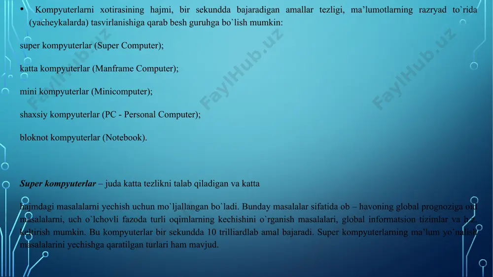ur ta’minoti – kompyuterning yumshoq qismlaridan) tashkil topgan deyiladi. va boshlig`i bo`lgan bill geyts “altair” shaxsiy kompyuter (shk) uchun birinchi bo`lib basic tilining interpretatorini yaratdi. natijada bu kompyuterlar, avval faqat o`yinlar uchun mo`ljallangan edi. shu bilan birga foydalanuvchilar tomonidan biznesda va murakkab bo`lmagan muhandislik hisob – kitoblarida ham ishlatib kelingan. 1981 yilda ibm firmasi o`ziga xos shk variantini yaratdi va u ibm pc deb nom oldi. bu kompyuter juda ko`p ishlab chiqarila boshladi va jahonda shk larning standartiga aylandi. shaxsiy kompyuterlar quyidagi qurilmalardan tashkil topgan: sistema bloki; monitor; klaviatura; «sichqoncha»; tashqi qurilmalar. sistema bloki sistema blokidagi asosiy elektron sxemalar sistema platasida joylashgan bo`ladi (mother board). unda bios, mikroprotsessor, tezkor xotira, doimiy xotira, kesh xotira, shinalar, taktik generator joylashgan. bundan tashqari, unda ba’zi bir qurilmalar ishini boshqaruvchi elektron sxemalar, klaviatura, disk qurilmalari adapteri ham joylashgan bo`ladi. hozirda shinalarning pci/isa turi keng ishlatilmoqda. bunday shinalarning ma’lumot ayirboshlashi tezligi yuqori bo`lib, u orqali …