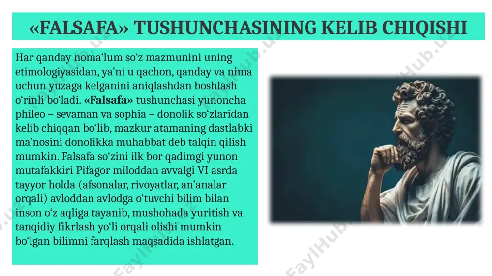 ga, buning natijasida yetarli tajriba va bilimlar to‘plangunga, odamlar aqli ko‘p sonli savollarga javob izlash uchun yetarli darajada yuksalgunga qadar insoniyat uzoq va mashaqqatli yo‘lni bosib o‘tgan. shu bois falsafaning mohiyatini, shuningdek uning paydo bo‘lish sabablari va sharoitlarini tushunish uchun gapni inson dunyoqarashidan boshlash lozim. nima uchun? shuning uchunki, falsafa dunyoqarashning asosiy tarixiy shakllaridan biri hisoblanadi. falsafa haqida gapirish – inson dunyoqarashi, uning oqilona fikrlash qobiliyati haqida, binobarin, uning mohiyati va yerda hayot paydo bo‘lish tarixi haqida gapirish demakdir. bu yerda biz hali kam o‘rganilgan murakkab muammolarga duch kelamiz, zero insonning kelib chiqishi odamlar doim javobini topishga harakat qilgan buyuk jumboqlardan biri hisoblanadi. ammo bilimning bu sohasida yechilmagan muammolar bugungi kunda ham bisyor. xususan, inson nima uchun, qayerdan, qaysi sabablarga ko‘ra paydo bo‘lgan, degan savolga aniq, umumiy e’tirof etilgan javob hanuzgacha mavjud emas. shuningdek, aql faqat insonga xosmi yoki uning inson borlig‘ida mavjudligi obyektiv borliqning bir parchasi, ayrim hodisasimi?, degan …