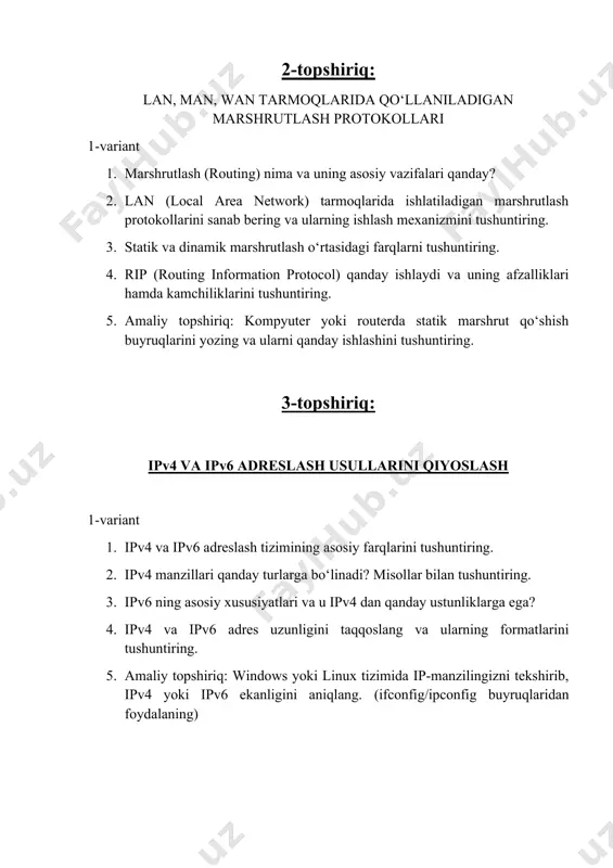 mpyuterda qo‘llaniladigan protokollar va ilovalar 1.kompyuter tarmoqlarida qo‘llaniladigan protokollar — bu ma'lumotlarni uzatish va olish jarayonini boshqaradigan va o‘zgartiradigan qoidalarning majmuasi. ular tarmoqda ishlov berish va resurslar bilan muloqot qilish uchun asos bo‘lib xizmat qiladi. protokollar yordamida tarmoqda ma'lumotlar uzatish, xavfsizlikni ta'minlash, tarmoq qurilmalari o‘rtasidagi bog‘lanishni boshqarish va tarmoqdagi xatoliklarni aniqlash va tuzatish mumkin. protokollarning asosiy vazifalari: ma'lumotlarni uzatish va olish: tarmoq qurilmalari o‘rtasida ma'lumotlar uzatish qoidalarini belgilash. xavfsizlikni ta'minlash: ma'lumotlarni shifrlash, identifikatsiya qilish va autentifikatsiya qilish orqali tarmoqda xavfsiz aloqani amalga oshirish. xatoliklarni aniqlash va tuzatish: protokollar tarmoqda xatoliklarni aniqlash va ma'lumotlarni to‘g‘ri uzatishni ta'minlashga yordam beradi. resurslarni boshqarish: tarmoq qurilmalarining optimal ishlashini ta'minlash uchun tarmoqdagi resurslar (masalan, tarmoqlarni, kanallarni, ip-manzillarni boshqarish). eng mashhur protokollar: tcp/ip (transmission control protocol/internet protocol): internetda va boshqa tarmoqlarda keng tarqalgan, ma'lumotlar uzatishning ishonchli usulini ta'minlaydi. http (hypertext transfer protocol): veb-sahifalarni yuklab olish va uzatish uchun ishlatiladi. ftp (file transfer protocol): fayllarni uzatish uchun …