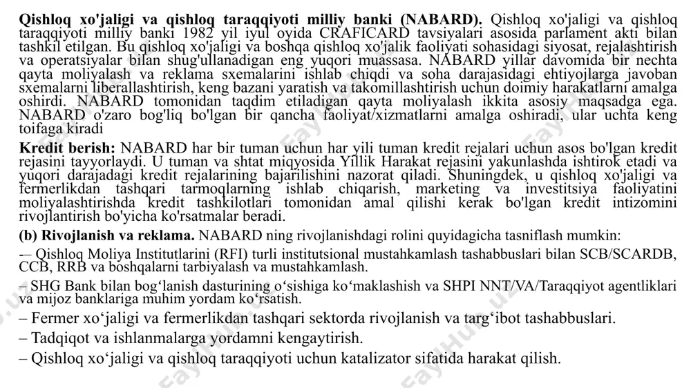 otlar, konsalting firmalari va transmilliy agentliklar bilan hamkorlikda kichik miqyosdagi sektorning umumiy samaradorligini oshirish uchun bir qator funktsiyalarni bajaradi. sidbi ning muhim vazifalari quyidagilardir: (i) texnologiyani qabul qilish, texnologiyalar almashinuvi, uzatish va yuqori darajaga ko'tarish va mavjud bo'linmalarni modernizatsiya qilish uchun qadamlar qo’yish. (ii) sidbi imtiyozli shartlarda kreditlarning aktsiyadorlik turida rupiy va xorijiy valyutadagi aylanma mablag'larda qo'llab-quvvatlashda. (iii) sidbi tijorat banklari bilan hamkorlikda kichik va o'rta va xususiy tadbirkorlik sub'ektlariga muddatli kreditlar va aylanma mablag'lar uchun o'z vaqtida kredit oqimini oson joylashtiradidi. (iv) sidbi kichik va o'rta korxonalar mahsulotlarini ichki va xalqaro bozorlarda marketing imkoniyatlarini kengaytiradi. (v) sidb1 veksel madaniyatini rag'batlantirish va ssi bo'linmalariga kapital tovarlar / uskunalar va butlovchi qismlarni sotishdan tushgan tushumlarni amalga oshirishga yordam berish uchun chegirmalar va qayta diskontlar amalga oshiradi. (vi) sidbi aholining qishloqdan shaharga migratsiyasini tekshirish uchun bandlik imkoniyatlarini yaratish, yarim shaharlarda bandlikka yo'naltirilgan sanoatni rivojlantiradi. milliy uy-joy banki (nhb). milliy uy-joy banki 1988 …