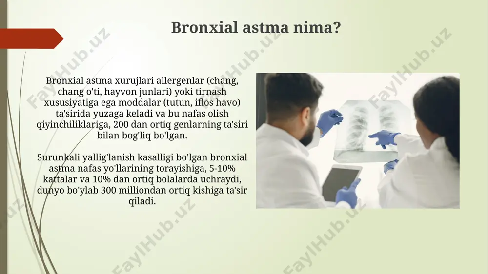 marqand viloyati shifoxonalarida keng qo'llaniladi. xavf omillari bolalarda astma xavfini oshiruvchi omillar orasida, ayniqsa, 5 yoshgacha bo'lgan bolalarda, toshkent kabi yirik shaharlardagi havo ifloslanishi muhim rol o'ynaydi, bu esa kasallik chastotasini 10% ga oshiradi. survaylar shuni ko'rsatdiki, o'zbekistonning qishloq joylarida astma xavfi shaharlarga nisbatan 1,5 baravar yuqori bo'lib, 1000 kishiga 25 ga yaqin holatlar kuzatiladi. asoratlari o'zbekiston respublikasining sog'liqni saqlash vazirligi ma'lumotlariga ko'ra, 5-14 yoshli bolalar orasida astma kasalligi 8% ni tashkil etadi, va bu ko'rsatkich toshkent shahri bo'yicha yuqori. samarqanddagi 3 ta shifoxonaning birgalikdagi statistikasi, astma xurujlarining 60% dan ortig'i kech kuz va qish mavsumlarida ro'y berishini ko'rsatadi, bu mavsumiy allergiya bilan bog'liq. tashxis qo'yish usullari nafas olish funksiyasini tekshirish spirometriyasi, masalan, fev1 ko'rsatkichi 80% dan kam bo'lishi, o'zbekistonda keng qo'llaniladigan diagnostika usuli hisoblanadi. tokioda ishlab chiqarilgan peak flow meter yordamida o'pkaning maksimal hajmni o'lchash, nafas yo'llarining torayish darajasini aniqlashda 2-3 marta o'lchash tavsiya etiladi. e'tiboringiz uchun rahmat @taqdimot_robot …