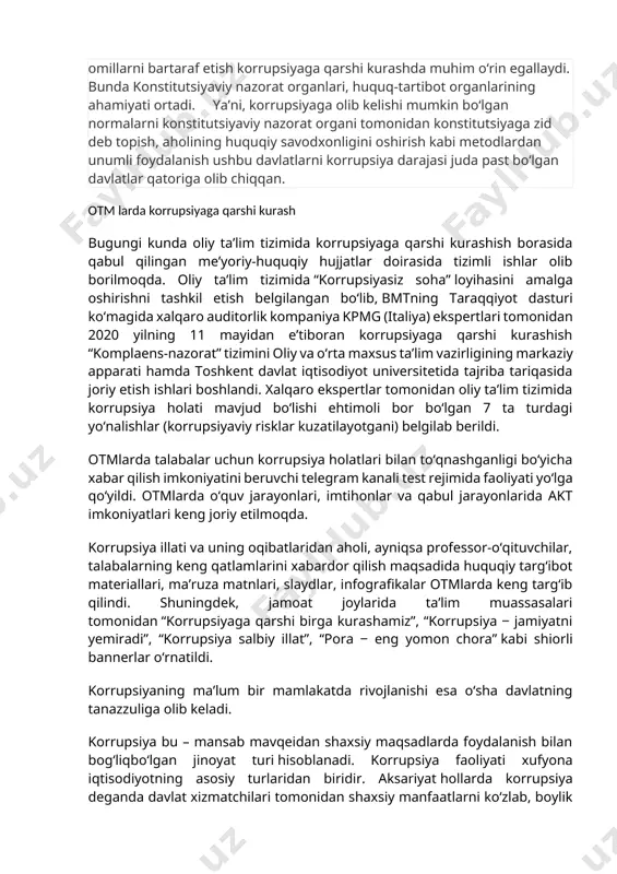 basini o‘rganish shuni ko‘rsatadiki, korrupsiyani yuzaga keltiruvchi omillarni bartaraf etish korrupsiyaga qarshi kurashda muhim o‘rin egallaydi. bunda konstitutsiyaviy nazorat organlari, huquq-tartibot organlarining ahamiyati ortadi. ya’ni, korrupsiyaga olib kelishi mumkin bo‘lgan normalarni konstitutsiyaviy nazorat organi tomonidan konstitutsiyaga zid deb topish, aholining huquqiy savodxonligini oshirish kabi metodlardan unumli foydalanish ushbu davlatlarni korrupsiya darajasi juda past bo‘lgan davlatlar qatoriga olib chiqqan. ikki xil ma’noni anglatuvchi qonunlar - ushbu vaziyat huquqni qo‘llovchi mansabdor shaxs tomonidan qonunlarni turlicha qo‘llash imkonini yaratadi. shuningdek, ayrim mutaxassislar jinoyat, ma’muriy qonunchilikdagi “vilka” sanksiyalarni ham korrupsiyaga qulay sharoit yaratishi mumkinligi haqida fikr yuritishgan. ya’ni, sanksiyaning aniq miqdori yo‘qligi sudyada uni o‘z hohishiga qarab qo‘llashga sharoit yaratib beradi. aholi huquqiy savodxonligining pastligi - aholi tomonidan qonunlarni bilmaslik yoki tushunmaslik mansabdor shaxsga o‘zining shaxsiy manfaati yo‘lida qonunlardan foydanishga qulay sharoit yaratadi. mamlakatdagi siyosiy vaziyatning notinchligi - mamlakatdagi notinchlik birinchi navbatda aholi ongida hayotda yuksak turmush darajasiga erishishning asosiy usuli qonunga xilof faoliyat …