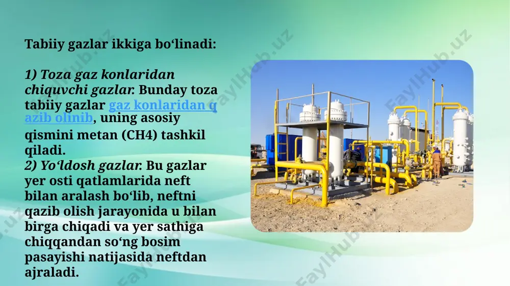 ar (sug) deb atrof muhit haroratida va atmosfera bosimida gaz holatdagi ko‘rinishga ega bo‘lib, bosimning bir oz oshib borishi (harorat pasaymasdan) bilan suyuq holatga o‘tadigan, uglevodorodlar yoki ularning aralashmasiga aytiladi. suyultirilgan uglevodorodli gazlarning asosiy manbalari –gaz kondensati paydo bo‘lgan joy va «hamrohlikda» neft mahsulotlari bilan birga chiquvchi gazlar hisoblanadi. sug gazlarning asosiy tarkibiga (komponentlariga) to‘yingan uglevodorodli gazlar, ochiq tuzilishga bo‘lgan “alkan“ lar kiradi. ularning umumiy ximiyaviy formulasi quyidagi ko‘rinishga ega buladi: сnh2n+2 masalan: bir tonna toshko‘mirni qayta ishlaganda 300-350 kub.metr. kokisli yonuvchi gaz olish mumkindir, 1tonna slanetsdan esa 350-400 kub metr. slanetsli yonuvchi gaz olish mumkindir. suniy gazlar yonganda undan ajralib chiqadigan issiqlik miqdori qyon.past=16000-18000 kj/kub. metrni tashkil etadi va uning zichligi =0,45-0,5 kg/kub. metrga teng bo‘ladi. koks gazi haqida gazlashtirish, ya’ni suniy gaz xosil kilish uchun yoqilg‘iga qayta ishlov berib termoximik ajratishdir. buning natijasida yoqilg‘idan uglerod, kislorod, suv bug‘i ajralib chiqib yonuvchi gazlar paydo bo‘ladi. yoqilg‘ini gazlashtirishning mahsuli bu …