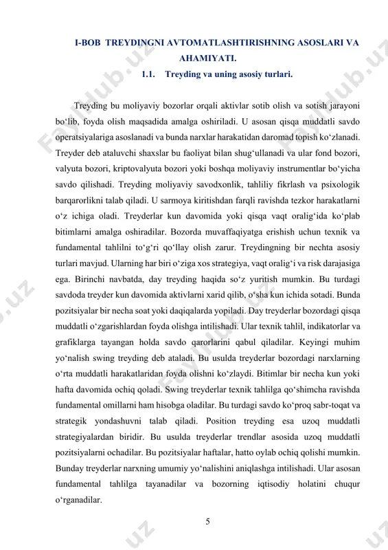 ding bilan shug‘ullanish uchun kuchli bilim, tajriba va qat’iyat zarur. bozor o‘zgaruvchan va xavfli bo‘lgani sababli har bir qaror ehtiyotkorlik bilan qabul qilinishi kerak. shuningdek, risklarni boshqarish strategiyalari, stop-loss va take-profit kabi vositalardan foydalanish muhimdir. har bir treyder o‘zining savdo uslubini topishi va uni takomillashtirishi zarur. treyding bu moliyaviy bozorlar orqali aktivlar xarid qilish va sotish orqali daromad topishga yo‘naltirilgan faoliyatdir. ushbu soha insondan bozorni chuqur tushunishni, iqtisodiy voqealarni tahlil qilishni va tezkor qarorlar qabul qilishni talab qiladi. treyderlar turli xil moliyaviy instrumentlar bilan savdo qilishadi, jumladan aksiyalar, valyutalar, tovarlar yoki kriptovalyutalar. ular bozordagi narx o‘zgarishlaridan foyda olishga harakat qilishadi. har bir treyder o‘z strategiyasiga ega bo‘lishi kerak, chunki treydingda yo‘qotish ehtimoli daromad olish imkoniyatidan kam emas. treyding turli yo‘nalishlarga ega bo‘lib, har bir yo‘nalish o‘ziga xos yondashuvni talab qiladi. masalan, qisqa muddatli treydingga e’tibor qaratganlar tez-tez savdo qiladi, uzoq muddatli treyderlar esa pozitsiyalarini uzoq vaqt davomida saqlaydi. bunda asosiy …