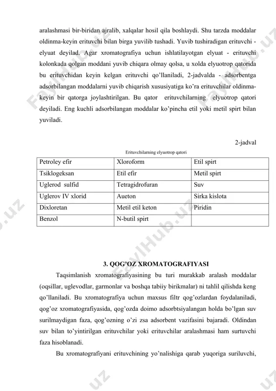 i qog’ozga shimiladi va ma‘lum balandlikka ko’tarilgach, xromatogramma kameradan olinadi va zrituvchi yetib borgan govori chegara - front belgilanadi. shundan keyin qog’oz quritilib, pulvirizator yordamida maxsus tanlab olingan rang beruvchi moddalar bilan ishlanadi. buning natijasida xromatografikaviy qog’ozda har xil rangli «dog’lar» hosil bo’lib, u xro​matogramma deb ataladi. xromatogrammada hosil bo’lgan dog’lar tezda qalam bilan doira shaklida belgilab olinishi kerak, chunki vaqt o’tishi bilan bu dog’lar yo’olishi mumkin. tekshirilayotgan toza modda yoki moddalar aralashmasini hosil bo’lgan xromatogrammada identafikatsiyalash maqsadida shu moddalar uchun ishlatilgan erituvchilar sistemasidagi simlanish koeffitsienti (k) dan foydalaniladi. taqsimlanish koeffitsienti (k) quyidagi formula bilan hisoblanadi: bunda a - modda tomizilgan nuqtadan dog’ markazigacha bo’lgan masofa, v - standart chizig’idan erituvchi frontigacha bo’lgan masofa. ma‘lum bir erituvchi sistemasida aniqlangan k nint qiymati qaysi moddaga to’g’ri kelishi toza moddalar uchun tuzilgan ma‘lum jadvalgdan topiladi. lekin k ning qiymati qo’llanilayotgan erituvchilar sistemasiga, haroratga, qog’ozning turiga, tomizilgan moddaning miqdoriga va boshqa omillarga bog’liq …