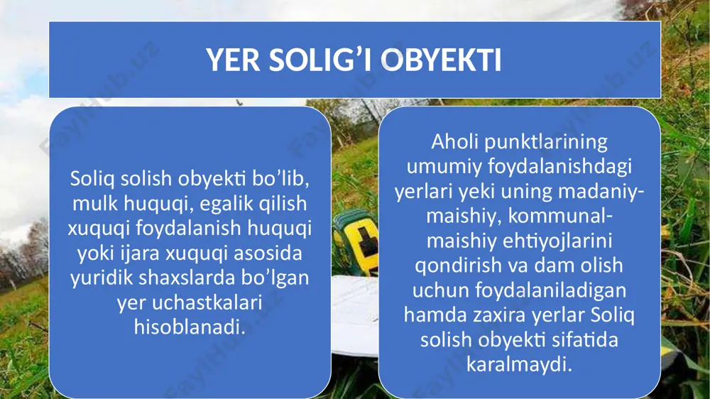 denti bo`lgan yuridik shaxslar; -faoliyatini doimiy muassasa orqali amalga oshirayotgan o`zbekiston respublikasi norezidentlari; -tadbirkorlik faoliyati uchun suvdan foydalanuvshi yakka tadbirkorlar; -yuridik shaxs tashkil etgan va tashkil etmagan holda tuzilgan dehqon xo`jaliklari. aholi punktlarining suv ta’minoti uchun yetkazib beruvchi yuridik shaxslar faqat o`z ehtiyojlariga ishlatadigan suv uchun soliq to`lovchilar hisoblanadilar. suv resurslaridan foydalanganlik uchun soliqning tavsifiy belgilari va to’lovchilari, ob’yekti, bazasi. suv resurslaridan foydalanganlik uchun soliq summasi suv resurslaridan foydalanganlik uchun soliq summasi soliq solinadigan baza va belgilangan stavkadan kelib chiqqan holda hisoblab chiqariladi. suv resurslaridan foydalanganlik uchun soliqning hisob-kitobi suvdan foydalanish joyidagi soliq organlariga ortib boruvchi yakun bilan quyidagi shaklda va muddatlarda taqdim etiladi: 1) suv resurslaridan foydalanganlik uchun to`lanadigan soliqning umumiy summasi yilning bir choragida: -eng kam ish haqining ellik barobaridan ko`pni tashkil etadigan yuridik shaxslar tomonidan (qishloq xo`jaligi korxonalari, mikroforma va kichik korxonalardan tashqari) har oyda, hisobot oyidan keyingi oyining 25- kunigacha; -eng kam ish haqining ellik barobaridan …