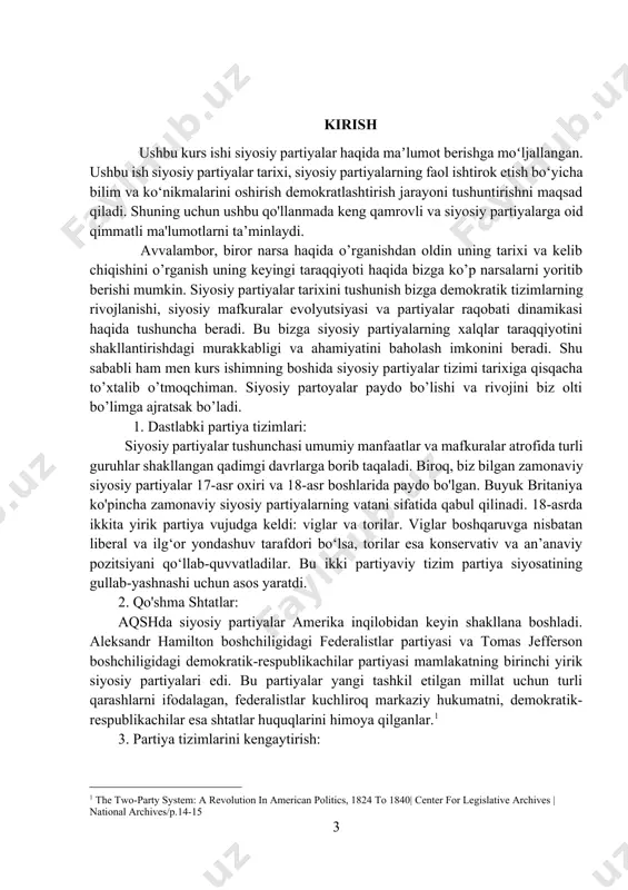 n uygʻunlashib bordi. bu o'zgarish partiyalarga o'zlarining siyosiy takliflari va jamiyatga nisbatan kengroq qarashlari asosida ajralib turishga imkon berdi. masalan, ishchilar huquqlarini himoya qiluvchi sotsialistik va kommunistik partiyalarning paydo bo'lishi va an'anaviy qadriyatlarni targ'ib qiluvchi konservativ partiyalarning kuchayishi va hukumatning cheklangan aralashuvi. 5. urushdan keyingi davrdagi partiyaviy tizimlar: ikkinchi jahon urushidan keyin partiyaviy tizimlar sezilarli o'zgarishlarga duch keldi. yevropaning ko'pgina mamlakatlarida saylovchilar uchun turli xil mafkuraviy variantlar mavjud bo'lgan ko'p partiyaviy tizimlar qabul qilindi. ko’p sotsialistik yo’lni tanlagan davlatlarda esa yakka partiyaviy hokimiyat shakillandi va ba’zi davlatlarda u haligacha saqlanib kelmoqda. siyosiy partiyalar urushdan keyingi jamiyatlarni qayta qurish va ijtimoiy davlatni shakllantirishda hal qiluvchi rol o'ynadi. germaniya sotsial-demokratik partiyasi va shvetsiya sotsial-demokratik partiyasi kabi sotsial-demokratik partiyalarning kuchayishi bu tendentsiyaga misol bo‘ldi. 6. zamonaviy partiya tizimlari: bugungi kunda siyosiy partiyalar tizimlari rivojlanishda va yangi muammolar va jamiyatdagi o‘zgarishlarga moslashishda davom etmoqda. ko'pgina demokratik davlatlarda ko'p partiyaviy tizimlar hukm suradi, bu esa …