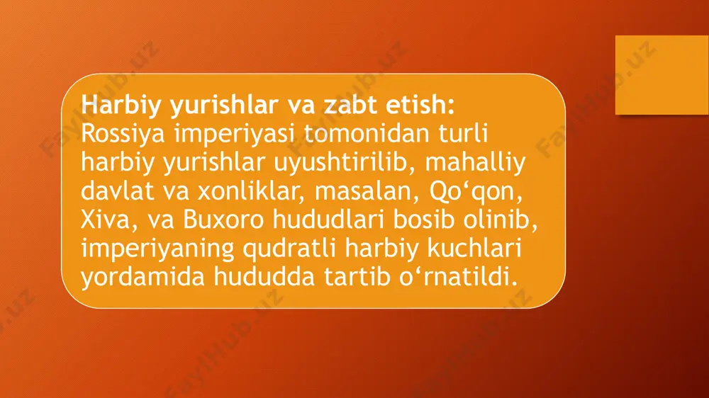izatsiya jarayoni: imperiya o‘zining huquqiy tizimini joriy etish orqali mahalliy an’anaviy huquqiy tartiblarni bosqichma-bosqich o‘zgartirib, rossiya qonunchiligi asosida yangi huquqiy me’yorlar va sud protseduralarini tatbiq etdi. bu jarayon hududda sud tizimining modernizatsiyasini ta’minlab, umumiy huquqiy tartibni mustahkamladi. turkistonda hukmronlikni o‘rnatish: rossiya imperiyasi mintaqani bosib olib, harbiy yurishlar va siyosiy bosqichlar orqali turkiston hududini o‘z nazorati ostiga olgan, bu esa keyingi boshqaruv va huquqiy tizimlarni joriy etish poydevorini yaratgan. general-gubernatorlikning markaziy va mahalliy boshqaruvi: imperiya tomonidan tashkil etilgan general-gubernatorlik tizimi orqali mintaqaning markaziy boshqaruvi (odatda toshkent) va mahalliy darajadagi ma'muriy idoralar yordamida hududning siyosiy va iqtisodiy nazorati mustahkamlangan. general-gubernatorlikning sud tizimi: sud organlari orqali imperiya o‘zining huquqiy me’yorlarini tatbiq etgan, nizolarni hal qilgan va ijtimoiy tartibni saqlashni ta’minlagan. bu sud tizimi, markaziy va mahalliy sud organlari o‘rtasidagi bog‘lanish orqali, imperiyaning siyosiy va iqtisodiy manfaatlarini himoya qilgan hamda mahalliy an’anaviy huquqiy tizimlarni modernizatsiya qilgan. umuman olganda, chor rossiyasi turkiston hududida davlat va …