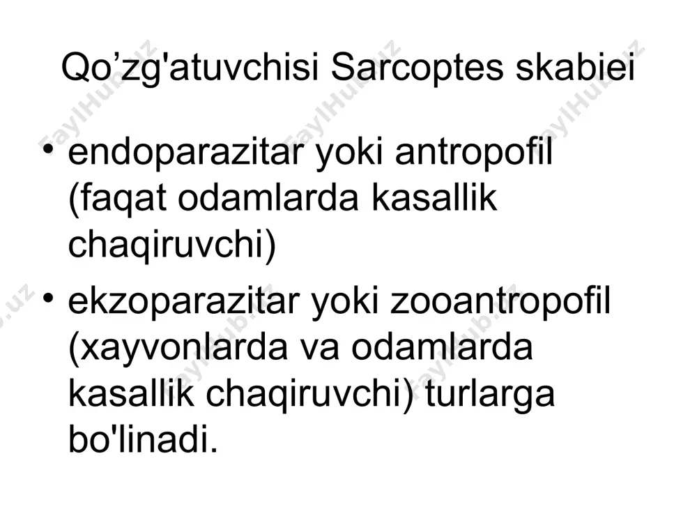 ustiga bir tomchi tomizib 5 min.dan keyin qirindi olib mikroskop ostida ko'rish qo'tir davosi 20% benzilbenzoatning suvli-sovunli eritmasi bilan badanni artish 60% li giposulfat natriy bilan badanni artish 6% li solyanniy kislota bilan artish 33% li oltingugurt malxami vilkinson malxami polisulfid liniment “k” sovuning 5%li emulsiyasi bilan badanni artish bitlash (pedikulyoz) ekzoparazitlar chaqishi natijasida dermatit keltirib chiqaradi. turlari qov soxasi bit kasalligi badanning bit kasalligi bosh bit kasalligi odamlar uchun bitlarning viruslarni, rikketsiyalarni va bakteriyalarni tashib yuruvchanligi va o'tkazuvchanligi xavfli xisoblanadi. bitlaning so'lagida xam kanalarnikiday toksinlar mavjud bo'lib, qichimaga va dermatitga sababchi bo'ladi. bitlashni davosi kerosinni o'simlik moyi bilan aralashtirib sochlarni xo'llab qo'yish. uksusga namlatilgan kichik tishli taroq bilan tarab turish. 10% li benzilbenzoat bilan yuvish. pedikulyoz ftiriaz ftiriaz ftiriaz: papuleznaya krapivnisa ukusi blox: papuleznaya krapivnisa tungioz platyanie vshi ukusi postelnix klopov shistosomoz