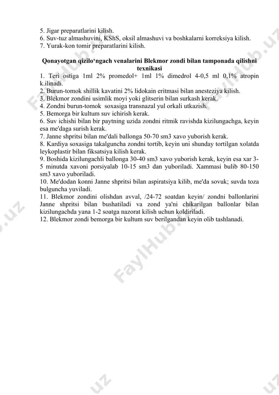 i bilan xasta bulgan bemorlarda utkaziladigan kompleks diagnostik muolajalarni uch boskichga bulish mumkin. i boskich - maxsuslashtirilgan, statsionarli: konni, siydikni tekshirish, bioximik tekshiruvlar bilirubin, transaminaza, mochevina, kreatinin, koldik azot, diastaza, shakar, umumiy oksil va oksil fraksiyalari, koagulogramma, elektrolitlar, kshs va x.k./: jigarni va koratalokni uzi kilish, jigarni skannirlash, ezofagogastroduodenofibroskopiya, laparoskopiya, rektoromanoskopiya, ekg, kukrak kafasini rentgenografiyasi, va angiografik tekshiruvlar /seliakografiya, kavografiya, portografiya va portomanometriya, jigarni punksiyali biopsiyasi. ii intraoperatsion boskichdagi tekshiruvlar. qizilo‘ngachni kengaygan venalaridan qon ketganda tez yordam ko‘rsatish portal gipertenziyali bemorlarda kizilungachdan birdan kon ketganda kechiktirib bo‘lmaydigan yordam quyidagilardan iborat: 1. qon ketishni kengaygan qizilo‘ngach venalarini blekmor zondi bilan tamponlash yuli bilan tuxtatish. 2. portal bosimni venaga pituitrin yuborish bilan tushirish. 3. yukotilgan konni urnini tulatish /bevosita kon kuyish yoki yangi tayyorlangan konni kuyish bilan. 4. dezintoksikatsiyaga karatilgan terapiyani siydikni jadal xaydash usuli bilan utkazish. 5. jigar preparatlarini kilish. 6. suv-tuz almashuvini, kshs, oksil almashuvi va boshkalarni korreksiya kilish. 7. …