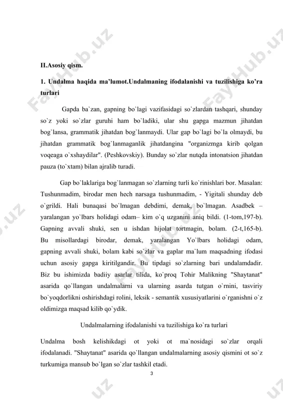 lma otlashgan so`zlar orqali ifodalanadi: bunday otlashgan so`z ko`pincha sifat yoki sifatdosh, ba`zan son bo`ladi. "shaytanat" asarida so`zlar, asosan, otlashgan sifatni uchratish mumkin. eng ko`p uchraydigan otlashgan sifatlar "azizim" so`zidir. bu so`zni asarning kahramonlaridan bo`lgan olim hikmat o`rolov nutqida juda ko`p qo`llanganini ko`rish mumkin. bu bilan yozuvchi o`rolovning o`ziga xos nutqi va xarakterini to`la ochib berishga harakat kilgan: azizim, siz bahsni yaxshi ko`rasiz, bilaman. (ii t, 254-b). o`, azizim, sizni ko`rganimdan bag`oyat xursandman. (ii t, 259-b). bu asarda boshqa xil otlashgan sifatdoshlarni undalma bo`lib kelishini ko`rishimiz mumkin: hoy yaxshilar, bu uyda domla turadi. (ii t. 26-b). bu gapda yaxshilar so`zi otlashgan sifat hisoblanadi. bu erda yaxshi odamlar so`z birikmasi bo`lib, aniqlovchi va aniqlanmish munosabati mavjud bo`lgan. lekin nutq jarayonida aniqlanmish tushirib qoldirilgan va yaxshi so`zi otning grammatik ko`plik shaklini olib, substantivattsiyaga ega bo`lgan. otga xos bo`lgan grammatik kategoriyalarning affikslarini qabul qila oladigan boshqa so`z turkumiga mansub so`zlar otlashgan hisoblanadi. 3. …