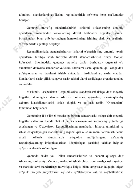 tosh va tarozilar ishlari bo‘yicha markaziy boshqarmaga aylantiriladi. 1939 yilda ushbu boshqarma o‘zbekiston ssr ministrlar soveti qoshida tashkil etiladi va uning tarkibida standartlar va o‘lchov asboblari davlat nazorati respublika laboratoriyasi (o‘z rlgn) tuziladi va keyinchalik esa bu laboratoriya standartlashtirish va metrologiya o‘zbekiston markaziga aylantiriladi. (o‘z ssm) 1973 yilda o‘zbekiston ssr ministrlar soveti qoshidagi o‘lchov va o‘lchov asboblari boshqarmasi sssr gosstandarti qoshidagi o‘zbekiston respublikasi standartlashtirish boshqarmasiga aylantiriladi. (o‘zgosstandart). 1992 yilda o‘zbekiston respublikasi vazirlar maxkamasining №93 qaroriga asosan vazirlar maxkamasi qoshida o‘zbekiston respublikasi standartlashtirish, metrologiya va sertifikatlashtirish markazi qilib yangidan tashkil etiladi (o‘zgosstandart) 2002 yilda esa o‘zgosstandart o‘zbekiston standartlashtirish, metrologiya va sertifikatlashtirish agentligiga (“o‘zstandart” agentligi) aylantirildi. o‘zbekiston hududida yuritiladigan meyoriy hujjatlar “o‘zstandart” agentligi tomonidan tasdiqlanadi. — davlatlararo standart – gost — o‘zbekiston davlat standarti – o’z dst — umumdavlat klassifikatori – o’z dt — normalar va qoidalar -*) — o‘zbekiston rahbariy hujjati – o’z rh — tavsiyalar – o’z t tarmoqlar bo‘yicha …