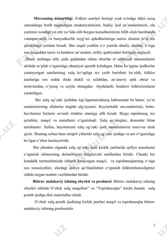 v, zubayda husainova, g‘ani jahongirov, rajab jumaniyozov, to‘ra mirzayev, malik murodov, asqar musaqulov kabi olimlarning ilmiy ishlari va risolalaridan ham foydalanildi. bitiruv malakaviy ishning yangiligi. xalqimiz yaratgan dostonlar, ertaklar, qo‘shiqlar, maqol va matallar hamda topishmoq kabi janrlar yuzasidan ma’lumot hosil qilish, ular haqida mustaqil fikrni shakllantirish o‘zbek xalq og‘zaki ijodi fanining vazifalari hisoblanadi. biz ishimizda xalq og‘zaki ijodining kichik janrlaridan maqol va topishmoqda qofiya va uning qo‘llanilishi, uning o‘ziga xos tomonlari, maqol va topishmoqlarda qofiyaning shakli haqida fikr-mulohaza yuritishni vazifa qilib oldik. ana shu qismi bitiruv malakaviy ishimizning o‘ziga xos jihatini belgilaydi. bitiruv malakaviy ishning amaliy ahamiyati. bitiruv malakaviy ishda keltirilgan dalillar, nazariy fikr-mulohazalardan oliy o‘quv yurtlarida, akademik litsey va kollejlarda, o‘rta maktablarda adabiyot va folklor fanlari bo‘yicha maxsus kurslar o‘tishda yoki dars mashg‘ulotlari olib borishda hamda ma’ruza va referatlar yozishda foydalanish mumkin. bitiruv malakaviy ishining tuzilishi va hajmi. bitiruv malakaviy ishi kirish, har biri ikki faslni o‘z ichiga olgan …
