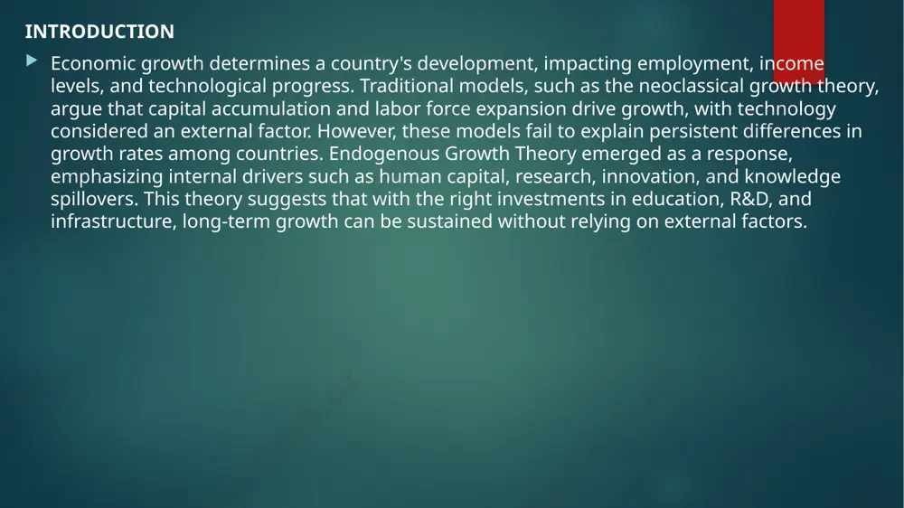 ning-by-doing effects and the impact of accumulated knowledge on production efficiency. these ideas collectively form the foundation of modern growth policies. key principles of endogenous growth unlike traditional models, endogenous growth theory asserts that: human capital development is a key driver of economic progress, as an educated and skilled workforce increases productivity. knowledge and innovation create increasing returns by improving efficiency, leading to sustained long-term growth. technology and research are not external forces but rather influenced by internal policies and investments. government intervention in education, infrastructure, and r&d is crucial for fostering a knowledge-based economy. spillover effects allow innovations in one sector to positively impact the broader economy, reinforcing continued expansion. the role of human capital human capital, which includes education, skills, and health, is a fundamental component of economic development. countries that invest heavily in education and training experience sustained growth, as skilled workers contribute to technological advancements and …