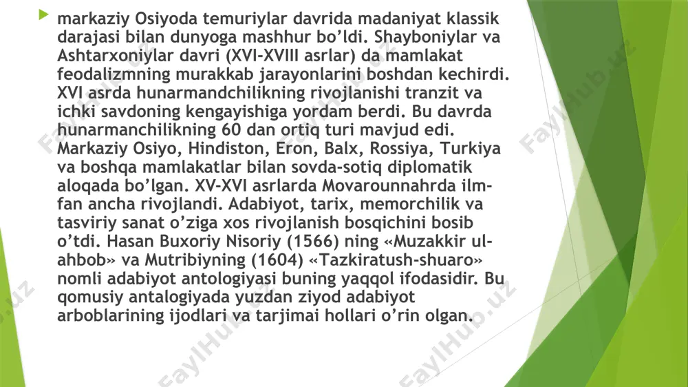 a inqirozli holatlarni yuzaga kelishini belgiladi. uzoq va yaqin o’tmishni hayoldan o’tkazib, mohiyatini anglashda 1991 yil 31 avgust kuni – o’zbekiston respublikasining mustaqil deb e’lon qilinishi tarixiy voqea bo’ldi. u milliy o’zlikni anglash, tom ma’nodagi milliy yuksalish uchun sharoit yaratdi. jamiyat va millat tarixi, taqdirida yangi davr – istiqlol davri boshlandi. «istiqlol biz uchun taraqqiyotning butunlay yangi, keng ufqlarini ochdi, – degan edi i.a. karimov, – kelajagimizni o’z qo’limiz bilan yaratadigan bo’ldik. hayotimiz va yashayotgan xonadonimizni milliy manfaat va qadriyatlarimizga umumbashariyat e’tirof etgan demokratik mezonlarga monan qilib qurishdek noyob tarixiy imkoniyatga ega bo’ldik». image1.png image2.png image3.jpeg image4.jpeg image5.jpeg /docprops/thumbnail.jpeg