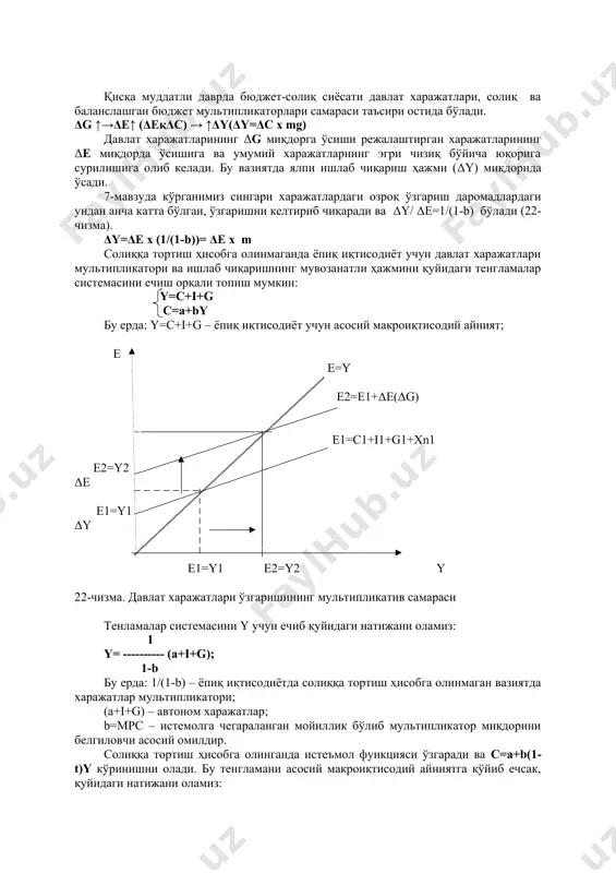 ди. узоқ муддатли даврларда эса юқори солиқлар иқтисодиётда стагнацияга олиб келиши мумкин. бу эса мамлакатнинг иқтисодий салоҳиятини издан чиқаради. бунга давлат харажатларидан самарасиз фойдаланиш қўшимча туртки бўлиши мумкин. 2 давлат харажатлари, солиқ ва баланслашган бюджет мультипликаторлари. қисқа муддатли даврда бюджет-солиқ сиёсати давлат харажатлари, солиқ ва баланслашган бюджет мультипликаторлари самараси таъсири остида бўлади. δg ↑→δe↑ (δeқδc) → ↑δy(δy=δc х mg) давлат харажатларининг δg миқдорга ўсиши режалаштирган харажатларининг δe миқдорда ўсишига ва умумий харажатларнинг эгри чизиқ бўйича юқорига сурилишига олиб келади. бу вазиятда ялпи ишлаб чиқариш ҳажми (δy) миқдорида ўсади. 7-мавзуда кўрганимиз сингари харажатлардаги озроқ ўзгариш даромадлардаги ундан анча катта бўлган, ўзгаришни келтириб чиқаради ва δy/ δe=1/(1-b) бўлади (22-чизма). δy=δe х (1/(1-b))= δe х m солиққа тортиш ҳисобга олинмаганда ёпиқ иқтисодиёт учун давлат харажатлари мультипликатори ва ишлаб чиқаришнинг мувозанатли ҳажмини қуйидаги тенгламалар системасини ечиш орқали топиш мумкин: y=c+i+g c=a+by бу ерда: y=c+i+g – ёпиқ иқтисодиёт учун асосий макроиқтисодий айният; е е=y e2=e1+δe(δg) …