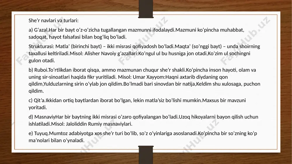 nga yorqin misoldir. 3. milliy va umuminsoniy qadriyatlar uyg‘unligi: mumtoz adabiyot nafaqat milliy madaniyatni yuksaltirgan, balki umuminsoniy qadriyatlarni ham keng targ‘ib qilgan. masalan, rumiy asarlarida sevgi va bag‘rikenglik timsoli ko‘rinadi. 4. estetik idealni yaratish: mumtoz adabiyot orqali inson qalbi go‘zallikka, poklikka va ma'naviy barkamollikka intiladi. adabiy merosdagi o‘rni: ilmiy va badiiy manba: mumtoz adabiyot namunalari o‘zining chuqur mazmuni va badiiy yuksakligi bilan keyingi avlod ijodkorlari uchun ilhom manbai bo‘lib xizmat qilgan.tarbiya va madaniyat vositasi: ushbu asarlar yosh avlodni axloqiy tarbiyalashda, ularni o‘z milliy ildizlariga bog‘lashda muhim o‘rin tutadi.dunyo adabiyotiga ta’sir: mumtoz adabiyot nafaqat o‘z hududi, balki dunyo adabiyotiga ham katta ta’sir ko‘rsatgan. masalan, navoiy ijodiyoti fors, hindiston va turkiyada o‘qilib, qadrlangan.mumtoz adabiyotning bugungi kunda ham dolzarbligi shundaki, u ma’naviy qashshoqlikka qarshi kuchli qurol bo‘lib xizmat qiladi. u insoniyatga boqiy qadriyatlarni eslatadi va adolat, sevgi, bag‘rikenglik kabi fazilatlarni targ‘ib etishda davom etadi. xulosa: mumtoz adabiyotda adabiy turlar va she’r navlari zamonning …