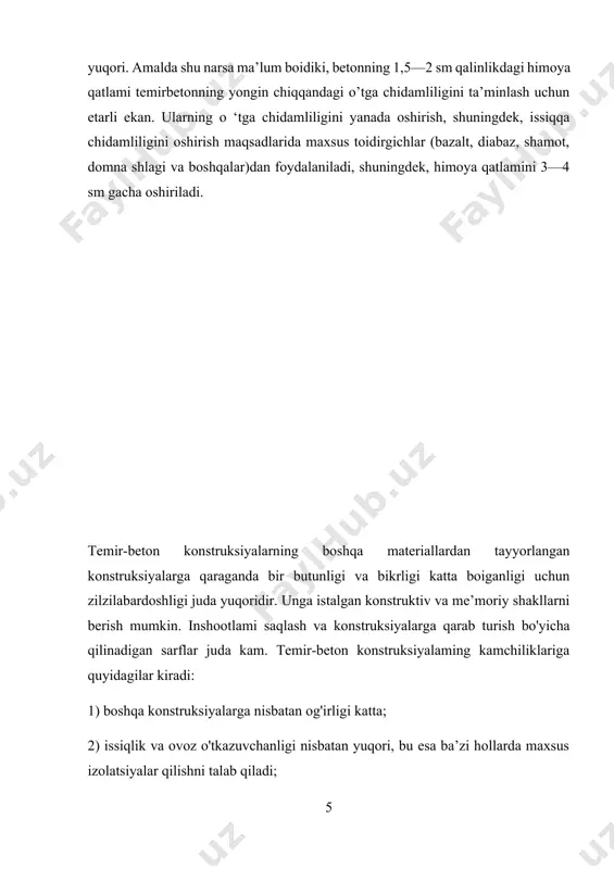 da kamligidan tashqi yuklar ta’siridan darzlar hosil bo'lish ehtimoli bor. temir-beton konstruksiyalarining turlari. temir-beton konstruksiyalar bajarilish usuli bo'yicha yig'ma, yaxlit va yig'ma-yaxlit bo'ladi. tig’ma temir-beton konstruksiyalar ko'proq tarqalgan, chunki ulardan foydalanish, qurilishni sanoatlashtirishga va iloji boricha mexanizatsiyalashtirishga imkon beradi. zavod sharoitida yig'ma konstruksiyalar tayyorlashda beton qorishmasini, tayyorlash, yotqizish va unga ishlov berishning ancha ilg'or texnologiyasini qo'llash, ishlab chiqarishni avtomatlashtirish, qurilish ishlarini ancha soddalashtirish mumkin. yaxlit (monolit) temir-beton konstruksiyalar qismlarga bo'linishi va bir xillashtirilishi qiyin bo'lgan inshootlarda, masalan, ba’zi gidrotexnika inshootlarida, og'ir poydevorlarda, suv havzalarida, ko'chma yoki o'zgaruvchan qoliplar yordamida ko'tariladigan inshootlar (qobiqlaming qoplamlari, siloslar va boshqalar)da keng qo'llanadi. yig’ma-yaxlit temir-betonlar yig'ma elementlar va qurilish joyida yotqiziladigan monolit betonning qo'shilmasidan iborat. odatda yig'ma elementlar bir butun beton uchun qolip hosil qiladi, bu esa yog'ochni tejashga imkon beradi. yig'ma-monolit konstruksiyalar yig'ma konstruksiyalarga qaraganda yaxlitligi yuqoriligi va ulash joylarining sodda berkitilishi bilan farq qiladi. yig'ma-yaxlit temir-beton konstruksiyalaryopmalarining va bino orayopmalarining konstrkusiyalarida, gidrotexnika va …
