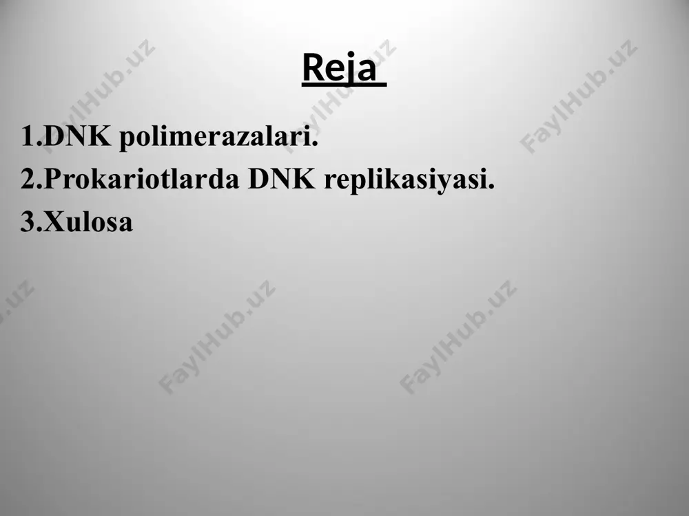 mshatadi va orqaga qaytaradi. exonucleazlar - nukleotid asoslarini dnk zanjirining oxiridan olib tashlaydigan fermentlar guruhi. dnk ligasi - nukleotidlar orasida fosfodiester aloqalarini shakllantirish orqali dnk fragmentlarini birlashtiradi. replikatsiya hujayra bo'linishidan oldin sodir bo'ladi replikatsiya hujayra bo'linishidan oldin sodir bo'ladi dnkning replikatsiyasi (sintezi) tasodifiy emas, balki hujayra hayotining qat'iy belgilangan davrida sodir bo'ladi. hammasi bo'lib hujayra siklining 4 fazasi ajralib turadi: mitoz (m), sintetik (s), presintetik (g1, inglizcha bo'shliqdan - interval), postsintetik (g2). hujayra sikli hujayra sikli fazalarining o'zgarishini tartibga solishda muhim rolni siklinlar - 35-90 kda og'irlikdagi oqsillar egallaydi, ularning darajasi hujayra siklida o'zgaradi. funktsiyaga ko'ra, siklinlar siklinga bog'liq kinaz (cck) fermentlarining faollashtiruvchi subbirliklari hisoblanadi. faol siklin-czk komplekslari hujayra ichidagi oqsillarni fosforlaydi, ularning faolligini o'zgartiradi. bu hujayra siklida rivojlanishni ta'minlaydi. hujayra sikli dnkning sintezi (replikatsiyasi, duplikatsiyasi) hujayra siklining s-fazasida, hujayra boʻlinishga tayyorlanayotgan vaqtda sodir boʻladi. 1957 yilda metyu meselson va franklin stahl tomonidan o'rnatilgan replikatsiya mexanizmi yarim konservativdir, ya'ni. bolaning …