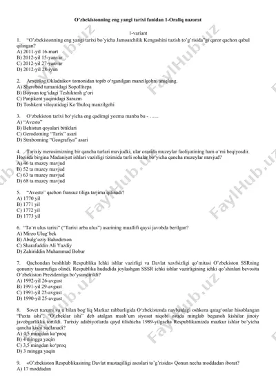 o'zbekistonning eng yangi tarixi fanidan 1-oraliq nazorat — DOCX