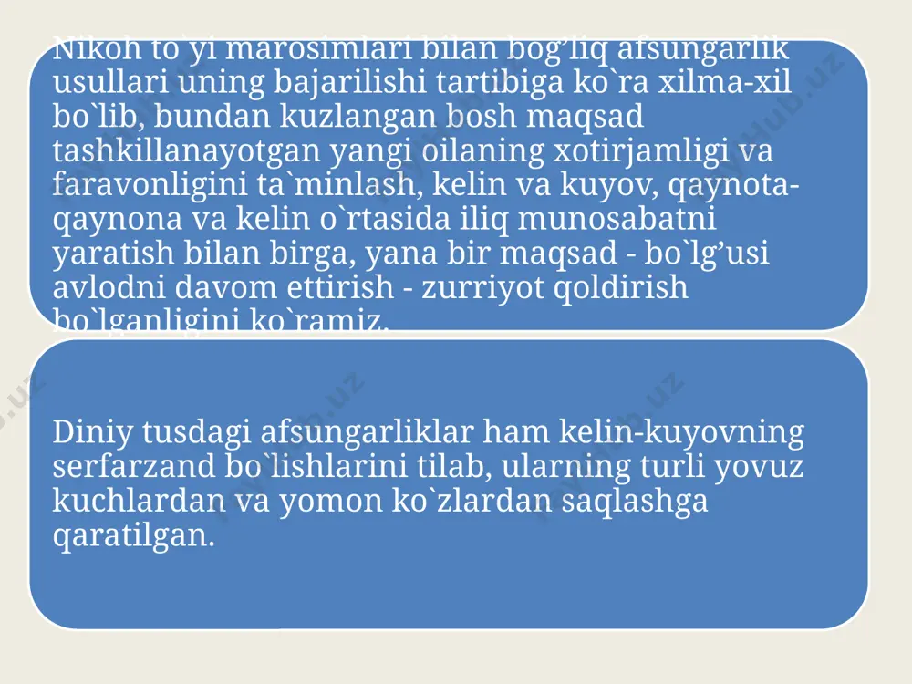kitilgan kiyim yoki paranji kiygan kelin kelgan. kelinni bunday tarzda kiyinib kelishi markaziy osiyo xalqlari orasida keng tarqalgan odat hisoblanadi. bu odatning tarqalish geografiyasi borasida r. rahimov o`z asarida ma`lumot bergan. kelinni olib kelayotganlar kuyovning uyi oldiga yaqinlashgach eshik oldida katta olov yoqiladi va kuyovning yangalari shakar solingan sut yoki qatiq va bir kiyimlik mato olib chiqqanlar. sutni kelinchakka yaxshi niyatlar bilan ichkizilgan. kelinga sut berishda sutday yo`li oydin, zurriyotli va zotli bo`lsin, degan magik niyat mujassamlashgan. qolaversa qadimdan sut va sutli mahsulotlar turkiy xalqlarda eng muqaddas ashyolardan biri va aynan ma`lum bir guruhni ramzi hisoblangan. image1.jpeg image2.jpeg image3.jpeg image4.jpeg image5.jpeg /docprops/thumbnail.jpeg