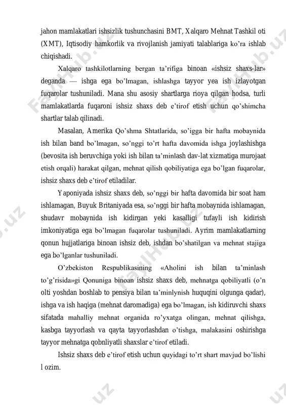 etilgan holda 15 yoki 14 yoshga to’lgan yoshlarni ham ishga kdbul qilishga yo’l qo’yilsa-da, ular ishga layokdtli shaxs deb e’tirof etilishlari mumkin emas. ikkinchi shart — fuqaro ishga va ish haqiga (mehnat daromadi-ga) ega bo’lmasligi l ozim. agar, fuqaro asosiy ishini yo’qotgan (masalan, shtatlar kisqa-rishi munosabati bilan bo’shatilgan), lekin o’rindoshlik asosida boshqa korxonada ishlayotgan bo’lsa, bunda u ish bilan band bo’lgan deb hisoblanadi. nafaqalar, alimentlar, qimmatli qogozlar bo’yicha olingan di-videndlar, banklarga qo’yilgan mablaglarga hisoblangan foizlar ish haqiga (mehnat daromadi) kirmaydi. xuddi shunday pensiya va stipendiyalar ham ish haqi (mehnat daromadi) tarkibiga kirmay-di, lekin pensiya oluvchi fuqarolar ijtimoiy jihatdan ximoya-langanliklari, ishlab chiqarishdan ajralgan holda stipendiya olib o’qiyotganlar ish bilan ta’minlangan deb hisoblanishlari sababli, bunday fuqarolar ishsiz shaxs deb e’tirof etilmaydilar. uchinchi shart — fuqaro ishlashga tayyor bo’lishi lozim. fuqaroning ishlashga tayyor ekanligini, uning mahalliy mehnat organiga ish qidirib rasmiy murojaat qilishi, belgilangan muddatlarda mehnat organida qaytadan ro’yxatdan o’tib turishi va mehnat …