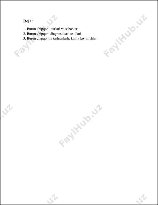 ahatlashish va kerakli tekshiruvlardan o'tish lozim. 2. burun chipqoni diagnostikasi usullari burun chipqonini diagnostikasi turli usullar orqali amalga oshiriladi. burun chipqoni (sinusit) - bu burun sinuslarining yallig'lanishi bo'lib, ko'p hollarda infeksiya, allergiya yoki boshqa holatlar tufayli kelib chiqishi mumkin. burun chipqonini aniqlash va davolash uchun bir qancha asosiy diagnostika usullari mavjud. 1. **klinik anamnez va fizikal ko'rik**: - shifokor bemorning tibbiy tarixini diqqat bilan o'rganadi, unda burun tiqilishi, burun oqishi, yuzda og'riq, bosh og'rig'i kabi simptomlar haqida so'raladi. - burun va sinuslar tashqi ko'riladi, burun ichiga o'tilgan holda burun ichki holati nazorat qilinishi mumkin. 2. **endoskopiya**: - burun endoskopiyasi, ya'ni maxsus kamerali moslama yordamida burun ichki qismiga kirilib, sinuslar holati tekshiriladi. ushbu usul sinuslar, adenoidlar va boshqa strukturaviy nuqsonlarni aniqlashda yordam beradi. 3. **radiografik tasvirlar**: - **paranazal sinuslarning rentgenografiyasi**: bu usul burun sinuslarining umumiy rasmini olish uchun ishlatiladi. sinuslarda suyuqlik to'planishi yoki poliplar mavjudligini ko'rsatishi mumkin. - **kompyuter tomografiyasi (kt)**: …