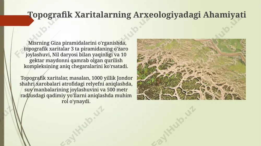 va ularning maydalangan yashash joylari bilan bog'liq bo'lishi mumkinligini aniqlashda yordam beradi. taxminan 1000 yillik davrni qamrab oluvchi buxoro viloyatidagi topografik xaritalarni tahlil qilish, irrigatsiya kanallarining o'zgarishlarini va ularning qishloq xo'jaligi aholi punktlarining joylashuviga ta'sirini aniqlashga imkon beradi. relyefning arxeologik qidiruvlarga ta'siri relyefning murakkabligi, masalan, 500 metr balandlikdagi togʻli hududlarda joylashgan samarqand yaqinidagi arxeologik yodgorliklarni aniqlash va ularning joylashuvini aniqlashda muhim rol oʻynaydi. relyefning qiyalik darajasi, 10-15 graduslik qiyaliklarda joylashgan qadimiy aholi punktlarining saqlanish darajasiga va ularning topografik xaritalardagi tasvirlanishiga ta'sir qiladi, bu esa qazish ishlarini rejalashtirishda muhim ahamiyat kasb etadi. qadimgi inson aholisi joylashuvini aniqlash andes tog'laridagi 1500 metr balandlikdagi inklar davriga oid qishloq xo'jaligi teraslarining joylashuvi topografik xaritalar orqali aniqlanib, ularning iqlim va yer shakllariga moslashuvini ko'rsatdi. qadimgi misrning nil daryosi bo'ylaridagi 3000 yillik aholi punktlari joylashuvi topografik xaritalar yordamida aniqlangan bo'lib, ularning suv manbalariga yaqinligi va strategik ahamiyatini ko'rsatadi. arxeologik saytlarni himoya qilishda topografik xaritalarning rol surxondaryo …