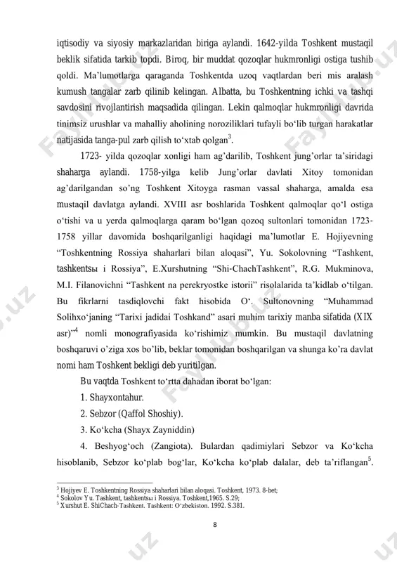 toshkent to‗rtta dahadan iborat bo‗lgan: 1. shayxontahur. 2. sebzor (qaffol shoshiy). 3. ko‗kcha (shayx zayniddin) 4. beshyog‗och (zangiota). bulardan qadimiylari sebzor va ko‗kcha hisoblanib, sebzor ko‗plab bog‗lar, ko‗kcha ko‗plab dalalar, deb ta‘riflangan 5 . 3 hojiyev e. toshkentning rossiya shaharlari bilan aloqasi. toshkent, 1973. 8-bet; 4 sokolov yu. tashkent, tashkentsы i rossiya. toshkent,1965. s.29; 5 xurshut e. shichach-tashkent. tashkent: o‗zbekiston. 1992. s.381. 9 qolgan ikki dahaning nomlanishi keyingi davrlarga to‗g‗ri keladi. shayxontahur shayx xovandi tahur nomidan kelib chiqqan, beshyog‗och turkiy nom bo‗lib, ushbu hududda 5 ta daraxt bo‗lganligi bilan belgilangan. har bir daha mahallalarga bo‗lingan. mahallalar dastlabki aholining ma‘muriyxo‗jalik va jamoaviy tashkiloti bo‗lib, o‗zining boshqaruv tizimiga ega bo‗lgan. mahallani saylangan oqsoqol boshqargan. oqsoqolning vazifasi umummahalla yer hududlarini o‗zgartirish, suv bilan ta‘minlash 6 kabi vazifalardan iborat bo‗lgan.. aholi soni o‘sgan sayin mahallalar kengaygan yoki yangilari paydo bo‘lgan. mahalla ma‘muriy holati jihatidan o‘z ichki tartib qoidalariga ega jamoa tashkiloti sanalgan va uni …