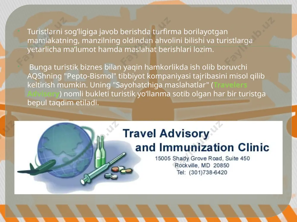 ilmaydi); turistlar harakatlanadigan xavfsiz trassalarni, shuningdek ular to‘xtaydigan joylarni lozim darajada jihozlash. image3.jpeg image4.jpeg image2.jpeg