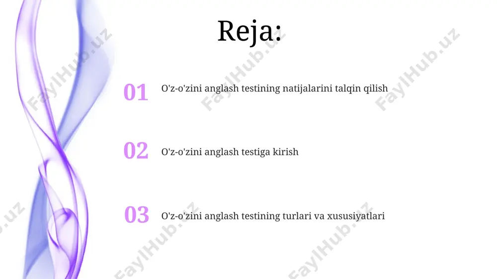 h va yevropa mamlakatlarida keng qoʻllaniladi. ba'zi testlarda, jumladan, “self-actualization scale” testida, 25 ta bayonotdan iborat bo'lib, respondentlar o'zlariga mos keladigan variantlarni tanlaydi va natijalar shaxsning oʻz-oʻzini anglash darajasini 0 dan 100 ballgacha boʻlgan miqyosda koʻrsatadi, bu kanadada ham qoʻllaniladi. oʻz-oʻzini anglash darajasini oshirish usullari samarqanddagi ma'naviy-ma'rifiy markazlarda oʻtkaziladigan 5 kunlik seminarlar yoki psixologik treninglar oʻz-oʻzini anglash darajasini oshirishga sezilarli hissa qoʻshishi mumkin. kundalik jurnalda 10 ta ijobiy fikr yozib, shuningdek, oʻz kamchiliklaringiz ustida ishlash va strategik rejalashtirish orqali oʻz-oʻzini anglash darajasini yuksaltirish mumkin. testning afzalliklari va kamchiliklari o'z-o'zini anglash testlarining afzalliklaridan biri, 50 dan ortiq savollardan iborat bo'lib, shaxsning potentsialini aniqlashga yordam beradi va shu bilan birga, psixologik holatini 3 darajaga bo'lish imkonini beradi, masalan, toshkentdagi klinikalarda qo'llaniladi. test natijalari shaxsning kuchli va kuchsiz tomonlarini aniqlashga yordam beradi, ammo 70% aniqlik bilan, ba'zi hollarda noto'g'ri natijalar berishi mumkin, chunki shaxsning javoblari subyektiv bo'lishi mumkin, masalan, samarqandda o'tkazilgan tadqiqotlar shuni …