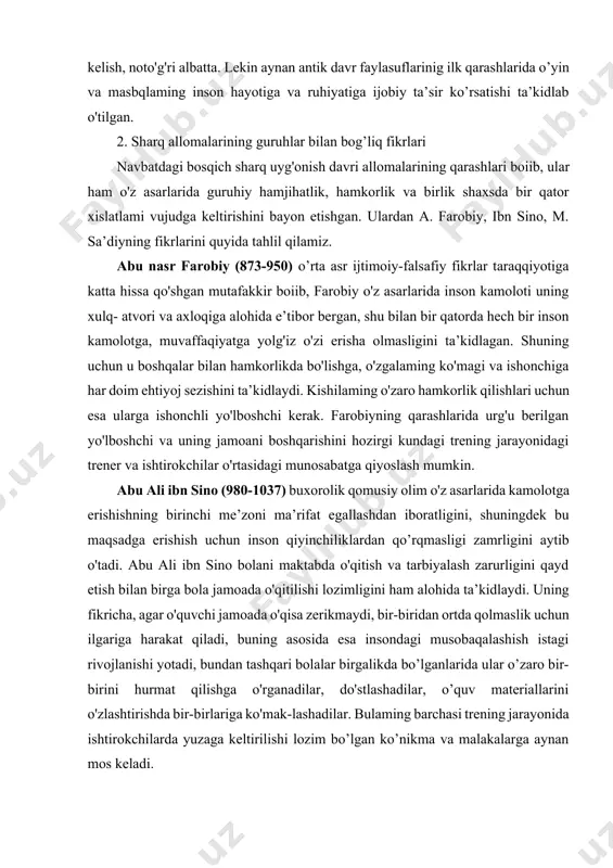 n bo'lishiga olib keladi, deydi. jismoniy yetuklik insonda mustahkam iroda va xarakter xususiyatlarini vujudga keltiradi, deb ta’kidlaydi. muslixiddin sa’diy sheroziy o'z hikoyalarida jismoniy jihatdan chiniqishning inson salomatligini ta’minlashda katta ahamiyatga ega ekanligini, shuningdek insonning o'z kuchi va irodasiga bo'lgan ishonchi, ko'ngil xotirjamligi bilan yashash zavqi uning har qanday mashaqqatlarga bardosh bera olishini la’minlovchi omil ekanligini ko'rsatib beradi. demak, uning fikrlarida ham aynan trening sohasidagi qonuniyatlarga mos keluvchi mohiyat mavjudligini ko'rish mumkin. yuqoridagi tahlillardan ko'rinib turibdiki, trening guruhlari o'z-o'zidan yuzaga kelmagan. ulaming asosi qadimgi manbaiarga borib taqaladi. 3. guruhiy terapiya elementlarining vujudga kelishi keyingi asosiy bosqich trening guruhlarining uzoq xorijda rivojlanishi tarixi bilan bog'liq bo'lgan ma’lumotlarga oiddir. uzoq xorij psixologik adabiyotlarining tahlili shuni ko'rsatadiki, guruhlarda irening o'tkazish borasidagi ishlar dastlab psixologik ma’no-mazmunga ega bo'lmagan. bu sohada olib borilgan ishlar dastlab tibbiyot bilan bog'liq holda yuzaga kela boshlagan. xviii asrda fransiya va venada psixiatriyaga katta e’tibor qaratilgan bo'lib, uning zamirida trening guruhlariga …