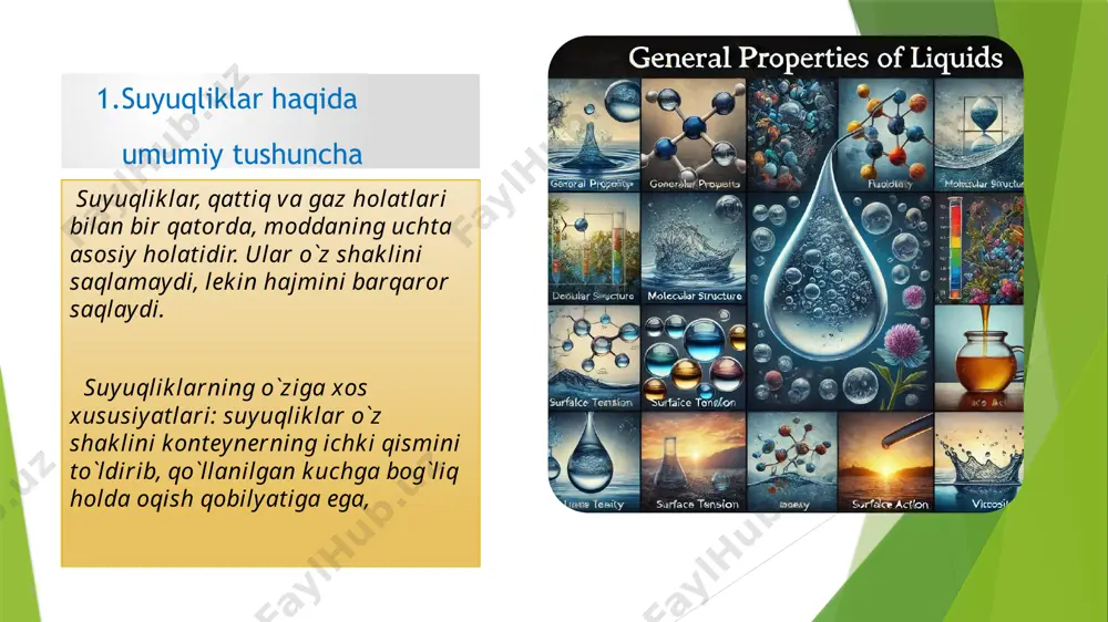 arda ishlatiladigan yog’lar, tibbiy maqsadlarda foydlanadigan suyuqliklar bunga misol boladi 7. kapillyar hodisa kapillyar hodisa tushunchasi: kapillyar hodisa – bu suyuqlikning tor naychalarda yoki poroz materiallarda ko’tarilishi. bu hodisa, molekulalarning adheziv kuchlari bilan bog’liq. misol qilib: o’simliklar va daraxtlar oziqlanishida suyuqlikning ko’tarilishi, kapillyar naychalar orqali o’tishini keltirishimiz mumkin. xulosa etiboringiz uchun raxmat… g’aniyev abbos suyuqliklarning umumiy xossalari tabiatda va texnologiyada juda muhim ahamiyatga ega. suyuqliklar haqidagi bilimlarni kengaytirish va yangi qo’llanishlar uchun ilmiy tadqiqotlar zarur.. “ ” image1.jpg image2.jpg image3.jpg image4.jpg image5.jpg image6.jpg image7.jpg image8.jpg image9.jpg /docprops/thumbnail.jpeg