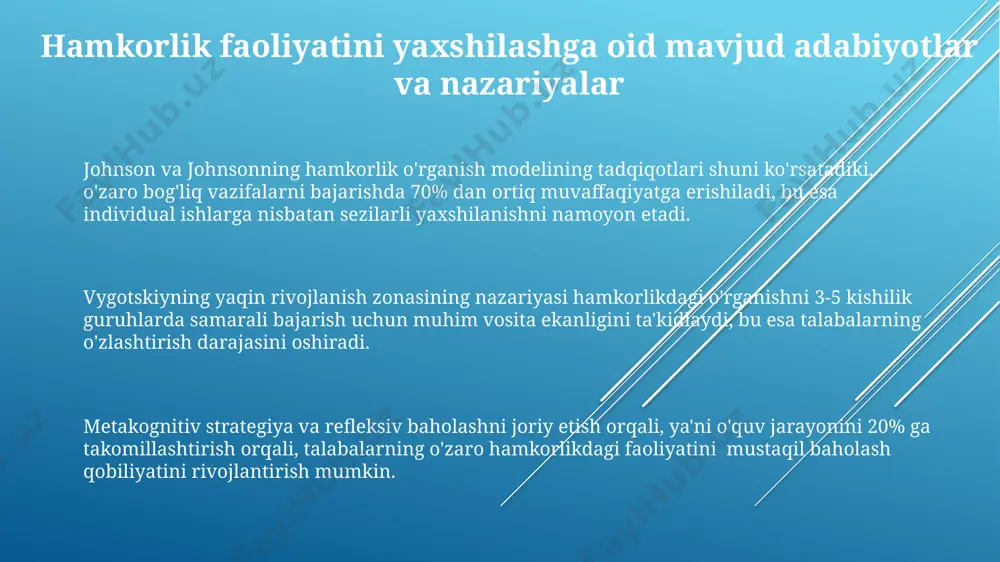 muloqotning ochiqligi, fikrlarning xilma-xilligi va mulohazali bahslarning mavjudligi. loyihaning sifatini baholashda 4 ta asosiy ko'rsatkich hisobga olinadi: vaqtni samarali boshqarish, topshiriqning to'liq bajarilishi, ijodkorlik darajasi va natijaning taqdimot sifati. hamkorlikdagi faol ishtirok darajasi 5 ball shkalasi bo'yicha baholanadi, bu erda 5 ball – barcha vazifalarda faol ishtirok, 1 ball – minimal ishtirokni bildiradi. kichik guruhlarda hamkorlik faoliyatini tashkil etish metodlari "hamkorlikdagi o'rganish" strategiyasi doirasida 3-4 kishilik guruhlarga individual vazifalarni taqsimlash va natijalarni birgalikda taqdim etish orqali javobgarlikni oshirish mumkin. kichik guruhlarda "fikrlar bo'roni" (brainstorming) metodi orqali 5-7 nafar talaba birgalikda muammo yechimini topishga, kreativ fikrlash ko'nikmalarini rivojlantirishga yordam beradi. rolli o'yinlar va muammoli vaziyatlarni modellashtirish orqali 2-3 nafar talabaga turli rollarni taqsimlash va ularning o'zaro hamkorligini kuzatish orqali kommunikativ kompetensiyalarni rivojlantirishga erishiladi. e'tiboringiz uchun rahmat @taqdimot_robot