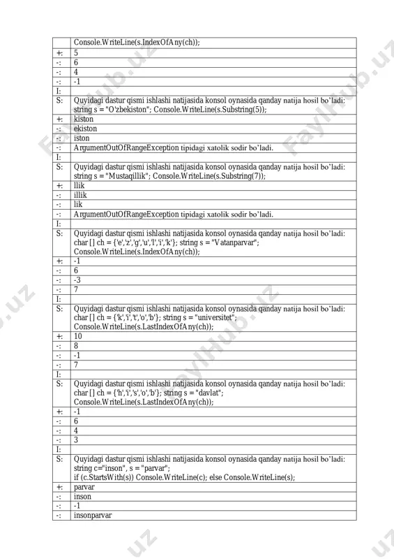 bo‟ladi. -: shosh i: s: quyidagi dastur qismi ishlashi natijasida konsol oynasida qanday natija hosil bo‟ladi: string c="isbotlamoq", s = "ot"; if (c.contains(s)) console.writeline(c); else console.writeline(s); +: isbotlamoq -: otisbotlamoq -: argumentoutofrangeexception tipidagi xatolik sodir bo‟ladi. -: ot i: s: quyidagi dastur qismi ishlashi natijasida konsol oynasida qanday natija hosil bo‟ladi: string c="isbotlamoq", s = "it"; if (c.contains(s)) console.writeline(c); else console.writeline(s); +: it -: itisbotlamoq -: argumentoutofrangeexception tipidagi xatolik sodir bo‟ladi. -: isbotlamoq i: s: c# dasturlash tilida \‟ boshqaruv belgisi qanday vazifani bajaradi? +: apostrof belgisini chiqaradi -: qo‟shtirnoq belgisini chiqaradi -: tabulyatsiya belgisini chiqaradi -: bosh joy belgisini chiqaradi i: s: c# dasturlash tilida \0 boshqaruv belgisi qanday vazifani bajaradi? +: bosh joy belgisini chiqaradi -: qo‟shtirnoq belgisini chiqaradi -: tabulyatsiya belgisini chiqaradi -: apostrof belgisini chiqaradi i: s: c# dasturlash tilida \\ boshqaruv belgisi qanday vazifani bajaradi? +: backslash belgisini chiqaradi -: qo‟shtirnoq belgisini chiqaradi -: tabulyatsiya …