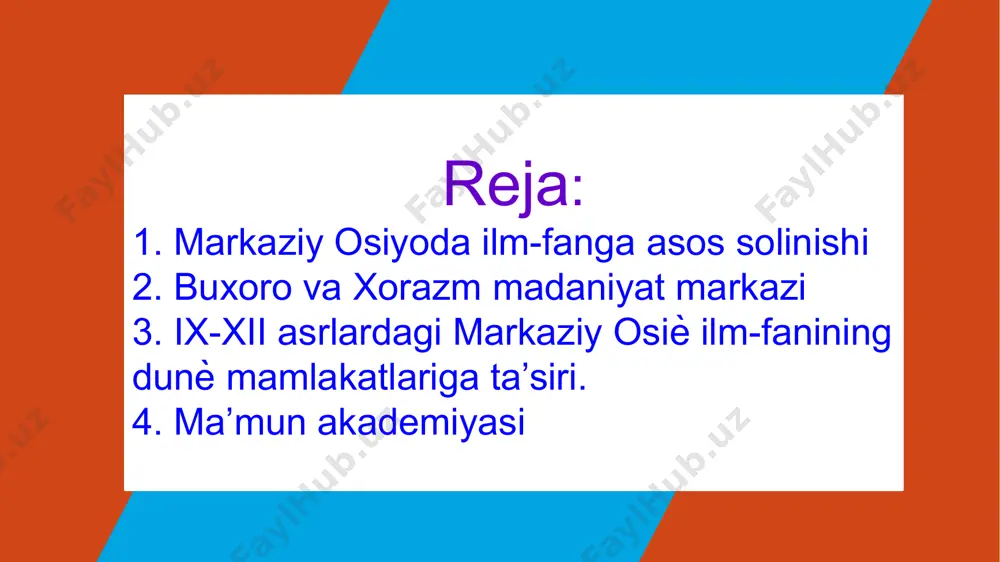 yitdi, bu davrda aholining tili so‘g‘diy, tojik va turkiy bo‘lsa-da, arab tili ham keng tarqalgan edi. somoniylar kutubxonasi sharqdagi eng yirik kutubxonalardan hisoblangan . hozirgi zamon fanlari asosini yaratgan buyuk olimlar muhammad muso al-xorazmiy, farg‘oniy, forobiy, beruniy, ibn sinolar somoniylar davrining mahsulidir. ibn sino- "shayx ul rais" insoniyat tarixidagi eng buyuk shifokor olim, insonparvar faylasufdir. qomusiy olim beruniy tarix, astronomiya, geodeziya, mineralogiya, etnografiya kabi fanlar rivojini o‘z davri uchun oliy darajaga ko‘targan, tajriba asosida ish ko‘rgan, asarlari saviyasi, tadqiqot metodi bilan zamonamiz fani darajasiga ko‘tarila olgan olim edi. abu rayhon beruniy (973-1048) faylasufning ijtimoiy qarashlari, borliq abadiyligi haqidagi ta’limoti ispaniya orqali ovrupoga o‘tib, uyg‘onish davri gumanizmi va undan keyingi materialistik falsafiy oqimlarning shakllanishiga ta’sir etdi abu nasr farobiy (873-950) algoritm so‘zining kelib chiqishi ham al-xorazmiy nomi bilan bog‘liq. olimning arifmetika va algebraga oid asarlari matematika tarixining yangi sahifasini ochdi. xorazmiy astronomiya sohasida ham buyuk xizmatini qo‘shib, o‘z "zij"ini yaratdi ovrupaliklar …