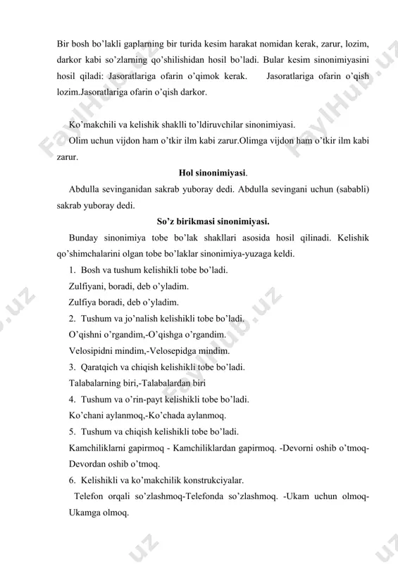 nonimiyasi. 1. bir bosh bo’lakli gaplar sinonimiyasi: kechaga taklifnoma bilan kiritadi.(shaxsi ma`lum). kechagi taklifnoma bilan kiritiladi.(shaxsi topilmas) 2. ikki bosh bo’lakli va bir bosh bo’lakli gaplar sinonimiyasi: elga qo’shilgan er bo’ladi. elga qo’shilsang er bo’lasan. 3. ritorik so’roq gaplar va darak gaplar o’rtasida. menga nima qilibdi?! otdekman. menga hech narsa qilgani yo’q. 4. tasdiq va inkor shaklidagi gaplar sinonimiyasi. qarab, tur, seni otanga chaqmasammi! –qarab tur, seni otanga chaqib beray. 5. qo’shma va sodda gaplar sinonimiyasi. -bilib quyki seni vatan kutadi. -seni vatan kutishini bilib quy. -bilasizmi, hammadan ko’p ishlagim keladi. -hammadan ko’p ishlagim kelishini bilasizmi? qo’shma gaplar sinonimiyasi. -bolaligim tutib ketdi va yotdim buloq uzra yastanib.(bog’lovchili qo’shma gap) -bolaligim tutib, ketdi, yotdim buloq uzra yastanib. (bog’lovchisiz qo’shma gap) - bolaligim tutib ketib,yotdim buloq uzra yastanib. (ravish ergash gapli qo’shma gap) - bolaligim tutib ketgach, yotdim buloq uzra yastanib. (payt ergash gapli qo’shma gap) - bolaligim tutib ketganidan yotdim buloq …