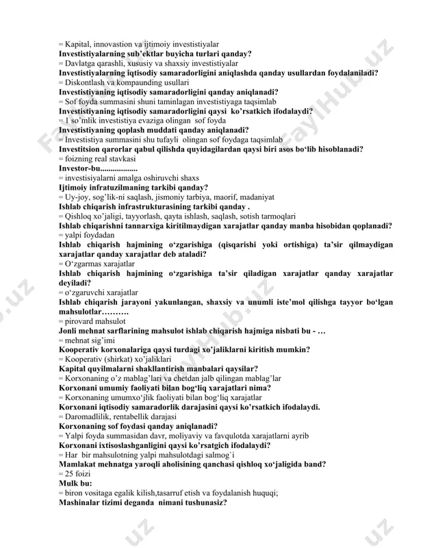 da o’rganiladi fermer xo‘jaligi deb qanday xo‘jalikka aytiladi? = xo‘jalik mustaqil tarzda yurituvchi, yuridik shaxs huquqiga ega bulgan, qishloq xo‘jaligi ishlab chiqarish bilan shug‘ullanuvchi sub’ekt fermer xo‘jaligi bo‘lib hisoblanadi fermerlar va dehqon xo‘jaligi hajmiga qanday omillar ta’sir etadi? = tabiiy shart-sharoitlar, xo‘jalik ishlab chiqarish yo‘nalishi fermer xo‘jaligida ish tartibini kim belgilaydi? = fermer xo‘jaligida ish tartibini xo‘jalik boshligi belgilaydi fermer xo‘jaligini iqtisodiy asosini tashkil etadi = xususiy mulk fermer xo‘jaligi a’zolari mehnatiga qanday haq tulanadi? = pul va natura bilan fermer xo‘jaliklarining pul jamg‘armalarining hosil bo‘lish manbaalari quyidagilar bo‘lishi mumkin? = tovarlar va xizmatlar realizatsiyasidan olingan daromadlar (foydalar) fermer xo‘jaligiga ijaraga yer qaysi muddatgacha berilishi mumkin? = 50 – yilgacha fan-texnika taraqqiyotini qanday tushunasiz? = uni fanni rivojlanayotganda, yangi texnikalarni yaratilayotganida ko’raman fondlar qaytimini aniqlash tartibi. = olingan yalpi mahsulot yalpi daromad, foyda summasini asosiy fondlar qiymatiga taqsimlab fondlar sig`imini aniqlash tartibi. = asosiy fondlar summasini yalpi mahsulot qiymatiga taqsimlab …
