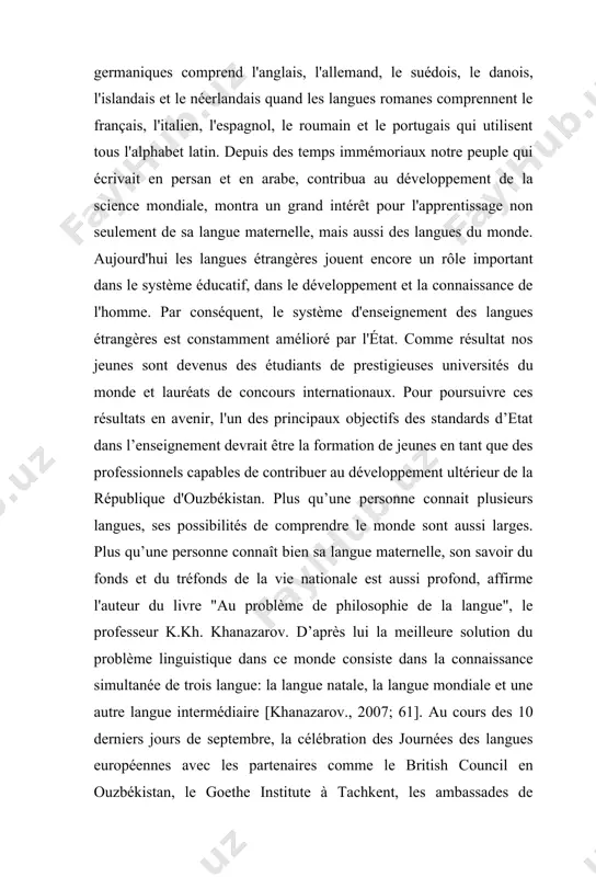 non spécialisées, ainsi que le nombre d’élèves l’enseignement de français reste au niveau élémentaire par rapport à ceux qui apprennent l’anglais ou les autres langues du monde. cela nous exige d’améliorer l’enseignement de français dans les universités – car le niveau de pratique de langue des professeurs de français doit être augmenter selon les standards d’état de l’enseignement et les exigences du cecer. en plus, il faut améliorer le niveau de pratique de langue des apprenants le français en améliorant les manuels de français, les supports multimédias, les moyens techniques d’enseignement. c’est pour cela que nous devions travailler en collaboration avec les méthodistes français ou francophones de l’enseignement de français. le décret pp- n°1875 du président de la république d'ouzbékistan du 10 décembre de 2012 «sur les mesures visant à améliorer le système d'enseignement des langues étrangères» est le document le plus important de la république sur les langues étrangères. …