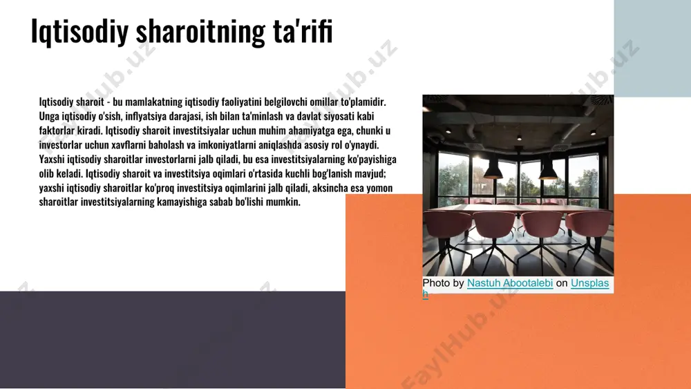 itsiyalarga ijobiy ta'sir ko'rsatadi. bunday o'zgarishlar investorlar uchun yangi imkoniyatlar yaratadi va investitsiya jarayonlarining rivojlanishiga yordam beradi. misol sifatida, ta'lim darajasining oshishi va ijtimoiy adolatning ta'minlanishi investitsiya muhitini yaxshilaydi va yangi loyihalarga yo'nalish beradi. photo by alesia kazantceva on unsplash umumiy xulosa: iqtisodiy sharoit va investitsiya oqimlari o'rtasidagi bog'lanish juda muhimdir. iqtisodiy barqarorlik, investorlar uchun qulay muhit yaratadi va bu investitsiyalar hajmini oshirishga yordam beradi. kelgusidagi investitsiyalar uchun tavsiyalar: investitsiya muhitini yaxshilash uchun qonunchilikni soddalashtirish va investorlar uchun imtiyozlar taqdim etish muhimdir. shuningdek, innovatsion texnologiyalarni rivojlantirish va ta'limni kuchaytirish zarur. o'zbekiston uchun investitsiya strategiyalari: - sanoatni diversifikatsiya qilish. - qishloq xo'jaligini modernizatsiya qilish. - infratuzilmani rivojlantirish orqali jozibador investitsiya muhitini yaratish. photo by linkedin sales solutions on unsplash siyosiy barqarorlik va investitsiyalar photo by akson on unsplash siyosiy barqarorlikning ahamiyati siyosiy barqarorlik iqtisodiy o'sishni ta'minlashda muhim rol o'ynaydi. barqaror siyosiy muhitda investorlar xavfsizlik va ishonch bilan harakat qilishadi, bu esa …