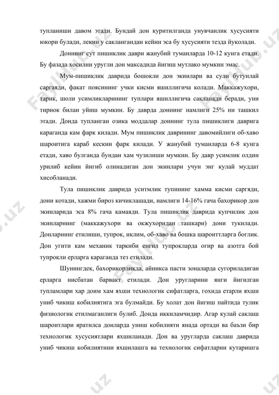 аъзи бир технологик хусусиятлари яхшиланади. дон ва уругларда саклаш даврида униб чикиш кобилиятини яхшилашга ва технологик сифатларни кутаришга олиб келадиган жараёнлар йигиндиси хосил йигиб олингандан кейинги етилиш дейилади. донларнинг етила боришида уругларнинг униб чикиш даражаси кескин ошади ва нафас олиш тезлиги сусаяди. намлиги юкори булган янги йигилган донларда гидролиз жараёни жадалрок булади. агарда ортикча намликка эга дон уругларини куритиш имконияти булмаса, уларни совутиб консервалаш лозим. хосил йигиб олинганидан кейинги етилиш маълум муддатдан кейин. яъни намлик пасайгандан ва харорат кутарилгандан сунг тугаши мумкин. аммо бундай уругларни униши ва усши куввати одатда юкори даражали булмайди. дон ва уруглар йигиб олингандан кейинги етилишига табиий кулай шароитлар одатда мамлакатимизнинг минтакаларида мавжуддир. у ердаги омборларга дон тупламлари курук ёки ярим курук холда келиб тушади, чунки йигим-терим йилнинг иссик, ёгингарчилик йуквактларида тугайди ва омборларга жойланган донлар нормал етилиш жараёнини утайди. шундай килиб, дон уюмларининг янги хосилини саклашнинг биринчи даврида утадиган жараенлар фаоллиги ва хилма-хиллиги жуда мураккабдир. …