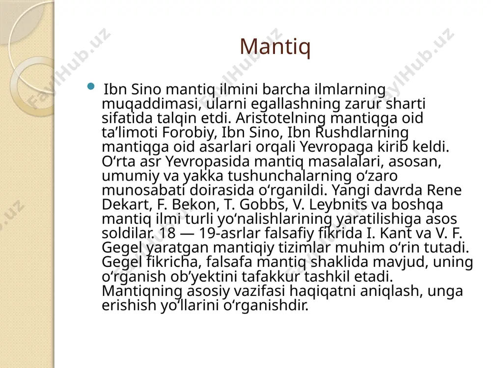 si fikrning chinligini koʻrsatib bera olmaydi, lekin qaysi fikrdan biri toʻgʻri boʻlsa, keyingisi albatta notoʻgʻriligini bildiradi. uchinchisi istisno qonuni quyidagi "a yoki v yoki v emas" formulasi orqali ifodalanadi. uchinchisi istisno qonuni bilish va muhokama yuritish jarayonida toʻgʻri xulosa chiqarish uchun muhim boʻlib, oʻzaro zid qarashlarni aralashtirib yuborishga yoʻl qoʻymaydi. hozirgi vaqtda mantiq hozirgi paytda mantiqning formal mantiq , dialektik mantiq matematik mantiq kabi yoʻnalishlari bor. formal mantiq tafakkur strukturasini fikrning aniq, mazmuni va taraqqiyotidan chetlashgan holda, nisbatan mustaqil ravishda oʻrganadi. uning diqqat markazida muhokamani toʻgʻri qurish bilan bogʻliq qoidalar va mantiqiy amallar yotadi. dialektik mantiq tafakkurni uning mazmuni va shakli birligida hamda taraqqiyotida olib oʻrganadi. matematik mantiq tafakkurni matematik metodlar yordamida tadqiq etadi. u hozirgi zamon matematikasining muhim yoʻnalishlaridan biri boʻlib, tafakkurni yuqori darajada abstraktlashgan va formallashgan sistemada tahlil qiladi. 20-asrda noanʼanaviy mantiqning turli yoʻnalishlari, xususan, koʻp qiymatli mantiqiy sistemalar (ya. lukasevich, geyting , reyxenbaxning uch qiymatli mantiqiy sistemalari, …