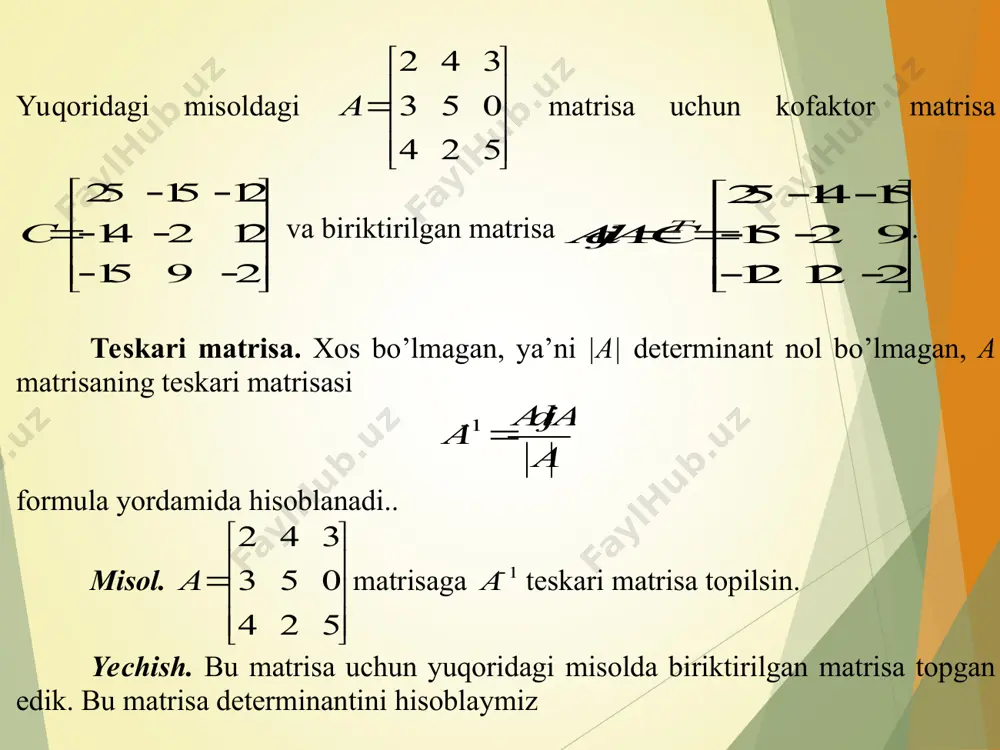 iii   120m m iii ,,, 21  misol. berilgan matrisalarning rangini toping. yechish. + + + + . demak, rang(a) = 3.                  2113 8421 2113 3125 a                 2113 8421 2113 3125                                     1230 41960 1230 3521 1032 40619 1032 3125                  0000 21500 1230 3521 3.3. matritsani iqtisodda qo’llanilishi. misol 1. neftga bo’lan talab (million barrelda) ni q = βx modelida tushuntirish mumkin va …