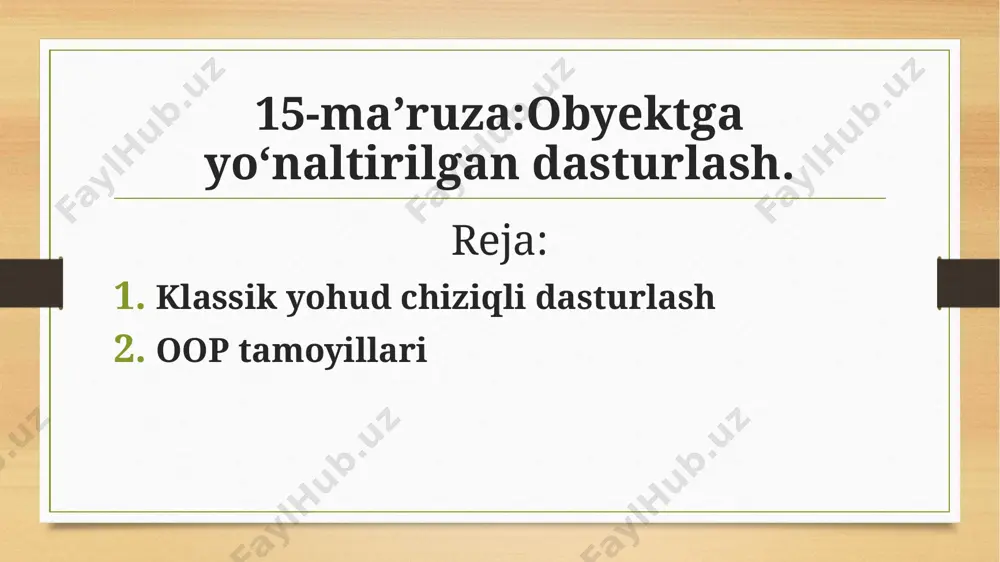 funksiyalar yashirin bo’ladi. klassdan foydalanishda esa uning ichki tuzilishi va qanday ishlashini bilish talab qilinmaydi. bu o’zimizga ham boshqa dasturchilarga ham bu klassdan foydalanishda qulayliklar yaratadi. vorislik dasturlash jarayonida biz bir klassdan boshqa klasslar yaratishimiz mumkin. misol uchun bizda transport klassi bor, biz bu klassdan qo’shimcha avtomobil, avtobus, kema, poyezd kabi klasslarni yaratishimiz mumkin. bunda bizning asl klassimiz ota yoki super klass deb ataladi, undan yaratilgan klasslar esa voris klasslar deyiladi. voris klasslar ota klassning ba’zi yoki barcha xususiyatlari va metodlariga ega bo’ladi. polimorfizm voris klass super klassdan o’zlashtirilgan metodning nomini saqlagan holda, uning ishlashini o’zgartirishiga polimorfizm deyiladi. keling bir misol ko’raylik. biz kompyuter o’yini yaratish jarayonida o’yin qahramon uchun super klass yaratamiz. qahramon bir nechta xususiyatlarga va metodlarga ega. jumladan attack() ya’ni xujum qilish metodi, qahramonni xujum qilishga undaydi. endi biz bu superklassdan boshqa voris klasslarni yaratamiz. polimorfizm to’rttala qahramonimiz ham superklassdan attack() metodini meros oladi, lekin bu metodni …