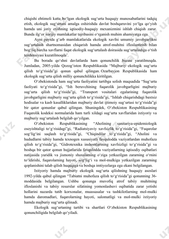 yetarli bo‘lmaydi. mazkur holatlar ekologik xarajatlarni davlat budjetisiz qoplab berish tizimini tashkil etish zaruriyatini keltirib chiqaradi. yuridik adabiyotlarda mazkur soha bo‘yicha qonunchilik hamda amaliyotda hal etilishi lozim bo‘lgan bir qator masalalar mavjudligi ta’kidlanadi. xususan, ekologik sug‘urtani chuqur o‘rganish, bugungi zamon talablari fonida kelib chiqishi ehtimoli katta bo‘lgan ekologik sug‘urta huquqiy munosabatlarini tadqiq etish, ekologik sug‘urtani amalga oshirishda davlat boshqaruvini yo‘lga qo‘yish hamda uni joriy etishning iqtisodiy-huquqiy mexanizmini ishlab chiqish zarur. bunda ilg‘or xorijiy mamlakatlar tajribasini o‘rganish muhim ahamiyatga ega. ayni paytda g‘arb mamlakatlarida ekologik xavfni umumiy javobgarlikni sug‘urtalash shartnomasidan chiqarish hamda atrof-muhitni ifloslantirish bilan bog‘liq barcha xavflarni faqat ekologik sug‘urtalash doirasida sug‘urtalashga o‘tish tendensiyasi kuzatilmoqda1. bu borada qo‘shni davlatlarda ham qonunchilik bazasi yaratilmoqda. jumladan, 2005-yilda qozog‘iston respublikasida “majburiy ekologik sug‘urta qilish to‘g‘risida”gi qonun qabul qilingan. ozarbayjon respublikasida ham ekologik sug‘urta qilish milliy qonunchilikka kiritilgan. o‘zbekistonda ham sug‘urta faoliyatini tartibga solish maqsadida “sug‘urta faoliyati to‘g‘risida”gi, “ish beruvchining fuqarolik javobgarligini majburiy sug‘urta …