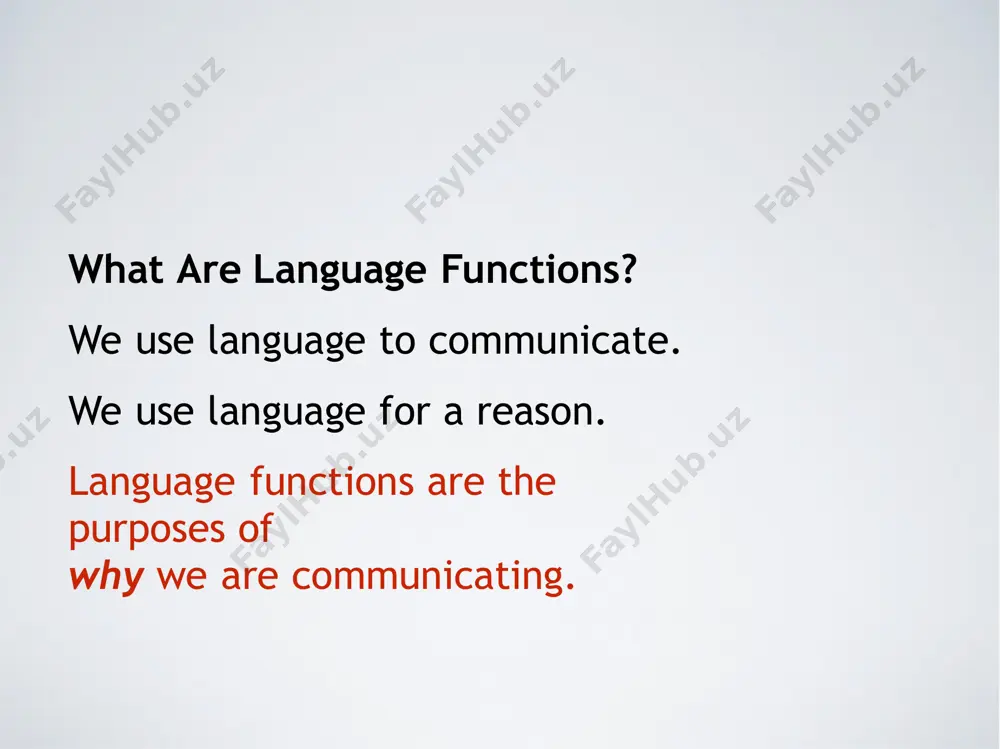 ommands and requests. phatic function: maintaining social relationships by using language for small talk and everyday interactions. metalingual function: using language to discuss or explain the use of language itself. poetic function: the use of language for artistic and creative purposes, such as poetry, storytelling, or wordplay. examples of language (micro) functions: comparing persuading asking for opinions expressing likes and dislikes suggesting summarizing encouraging predicting agreeing/disagreeing greeting people/introducing example: asking if someone is interested “what are your interests?” “what are you interested in?” “are you keen on …?” “are you a fan of …?” “do you find … interesting?” notice these are different forms (grammar) but the function is the same. example of different functions with “could” “could you open the window?” = requesting “he could be late” = uncertainty/possibility “when he was 7, he could ride a bike.” = past ability “you could go to spain” = suggesting different …